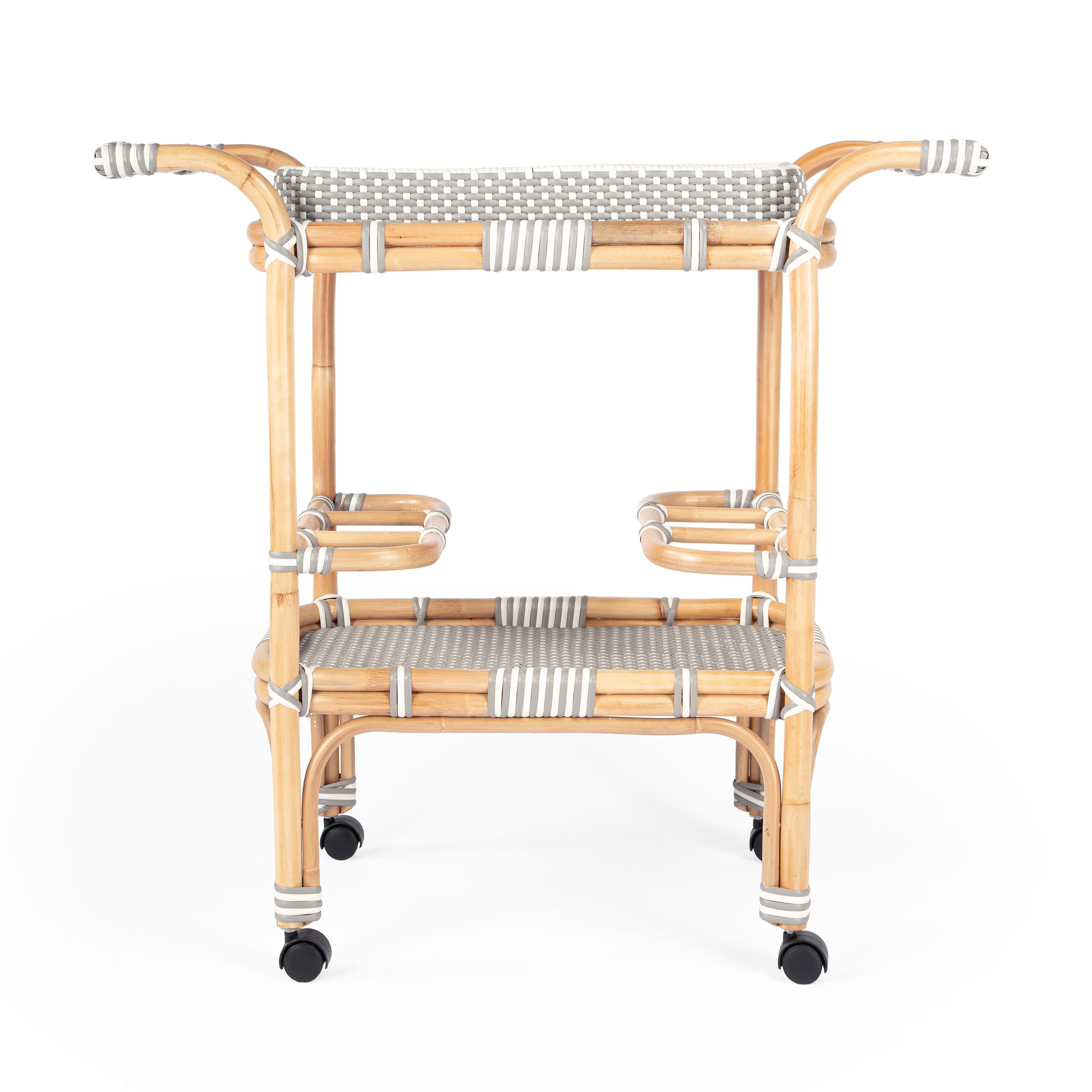 Butler Specialty Company Selena 34.5 in. W Rectangular Rattan 2 Tier Mobile Removeable Top Bar Cart with Bottle Holders, Gray and White, Natural