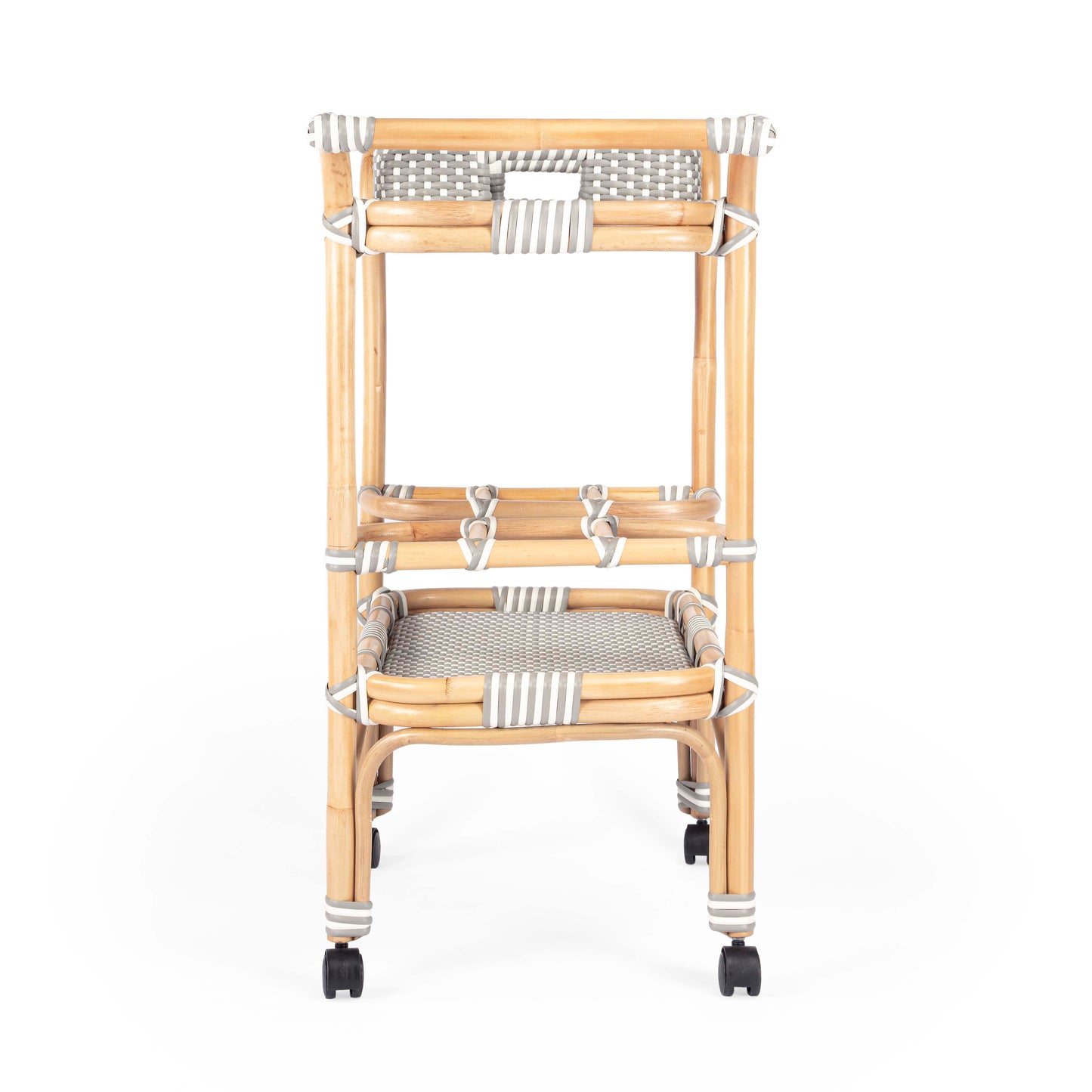 Butler Specialty Company Selena 34.5 in. W Rectangular Rattan 2 Tier Mobile Removeable Top Bar Cart with Bottle Holders, Gray and White, Natural