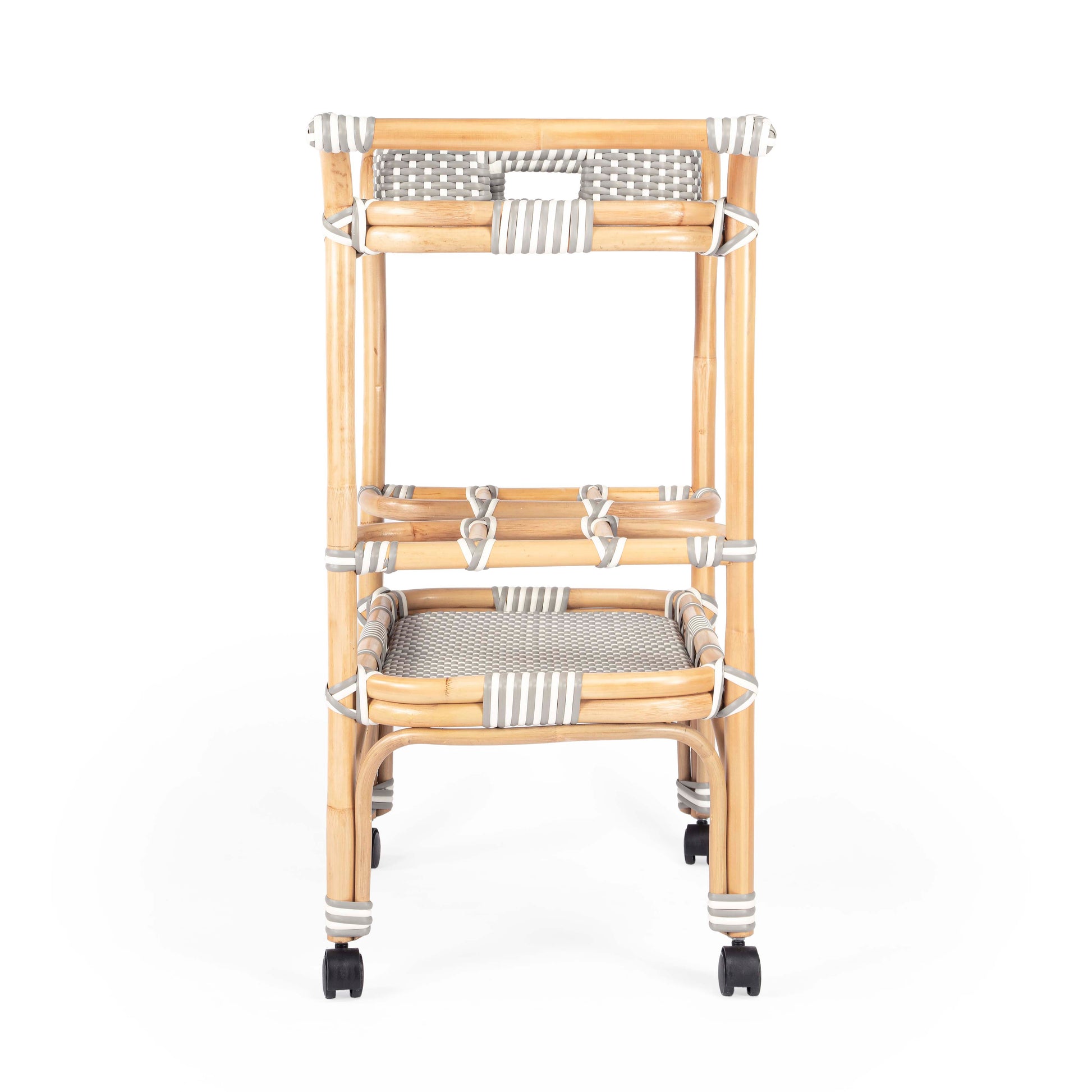 Butler Specialty Company Selena 34.5 in. W Rectangular Rattan 2 Tier Mobile Removeable Top Bar Cart with Bottle Holders, Gray and White, Natural