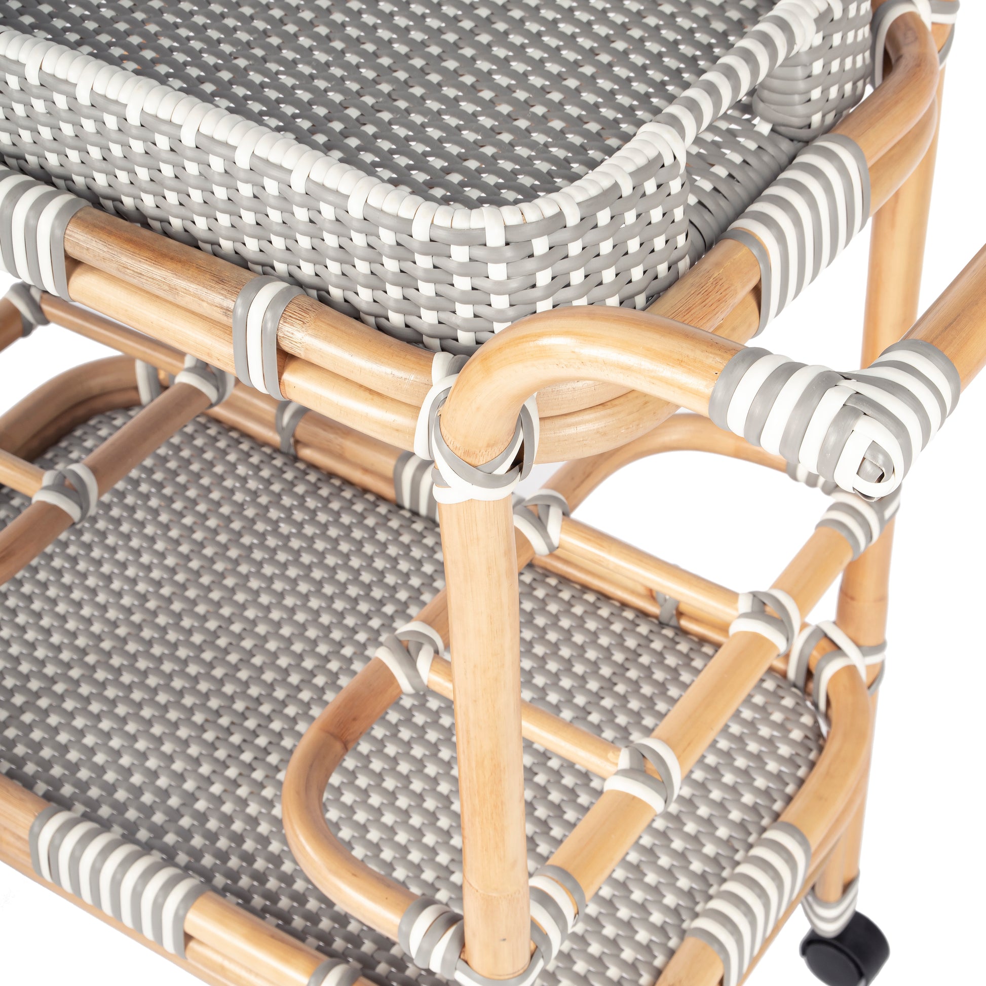 Butler Specialty Company Selena 34.5 in. W Rectangular Rattan 2 Tier Mobile Removeable Top Bar Cart with Bottle Holders, Gray and White, Natural