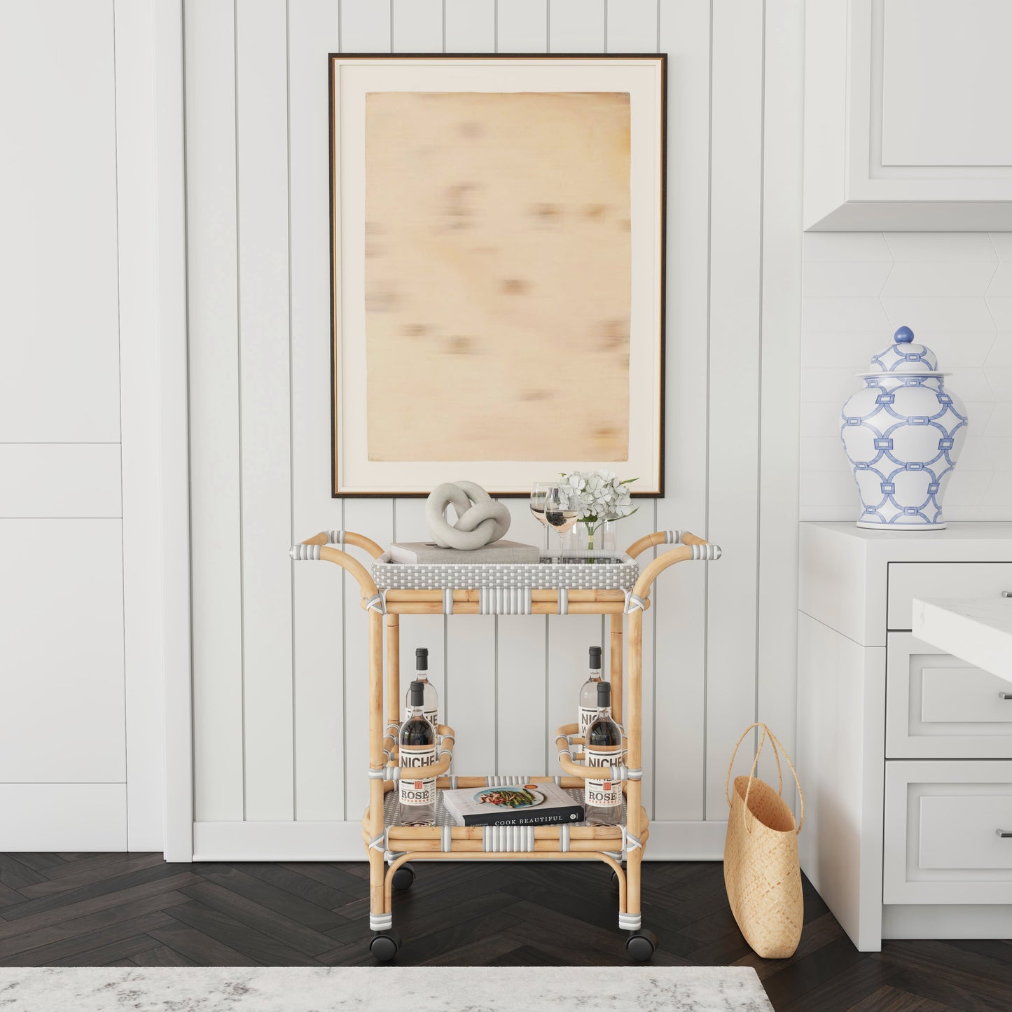 Butler Specialty Company Selena 34.5 in. W Rectangular Rattan 2 Tier Mobile Removeable Top Bar Cart with Bottle Holders, Gray and White, Natural