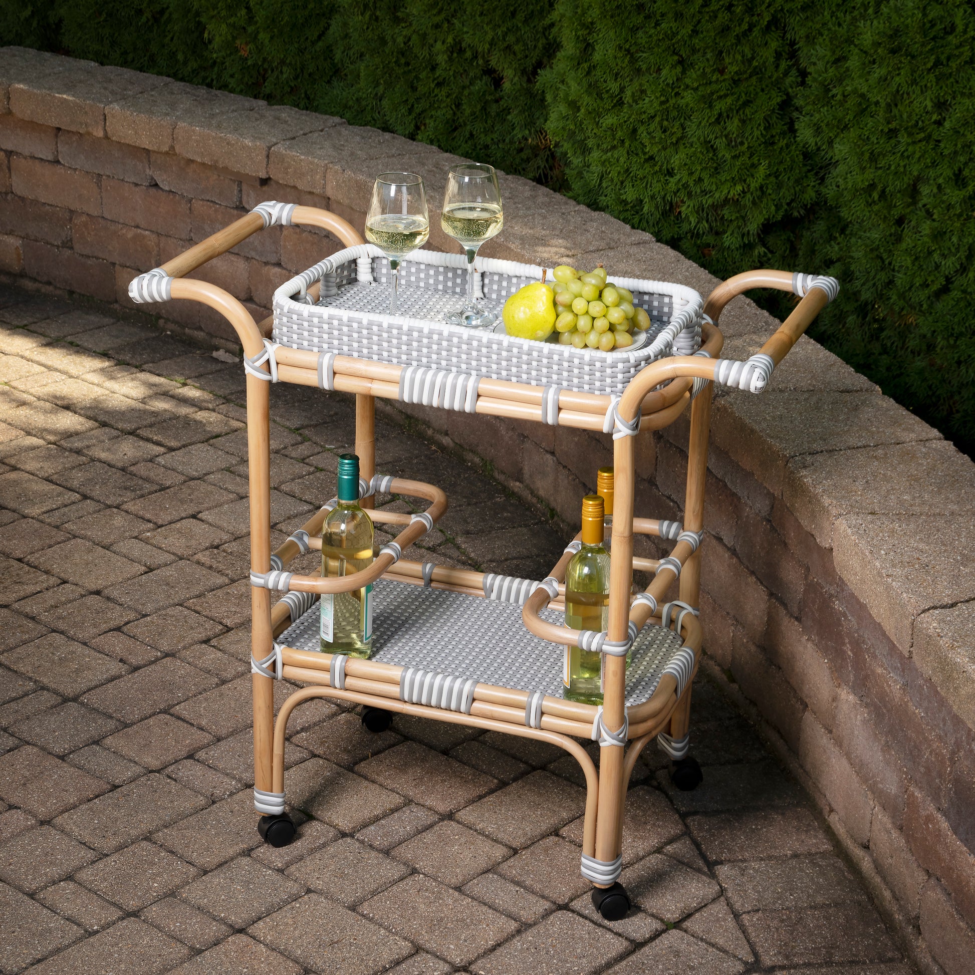 Butler Specialty Company Selena 34.5 in. W Rectangular Rattan 2 Tier Mobile Removeable Top Bar Cart with Bottle Holders, Gray and White, Natural