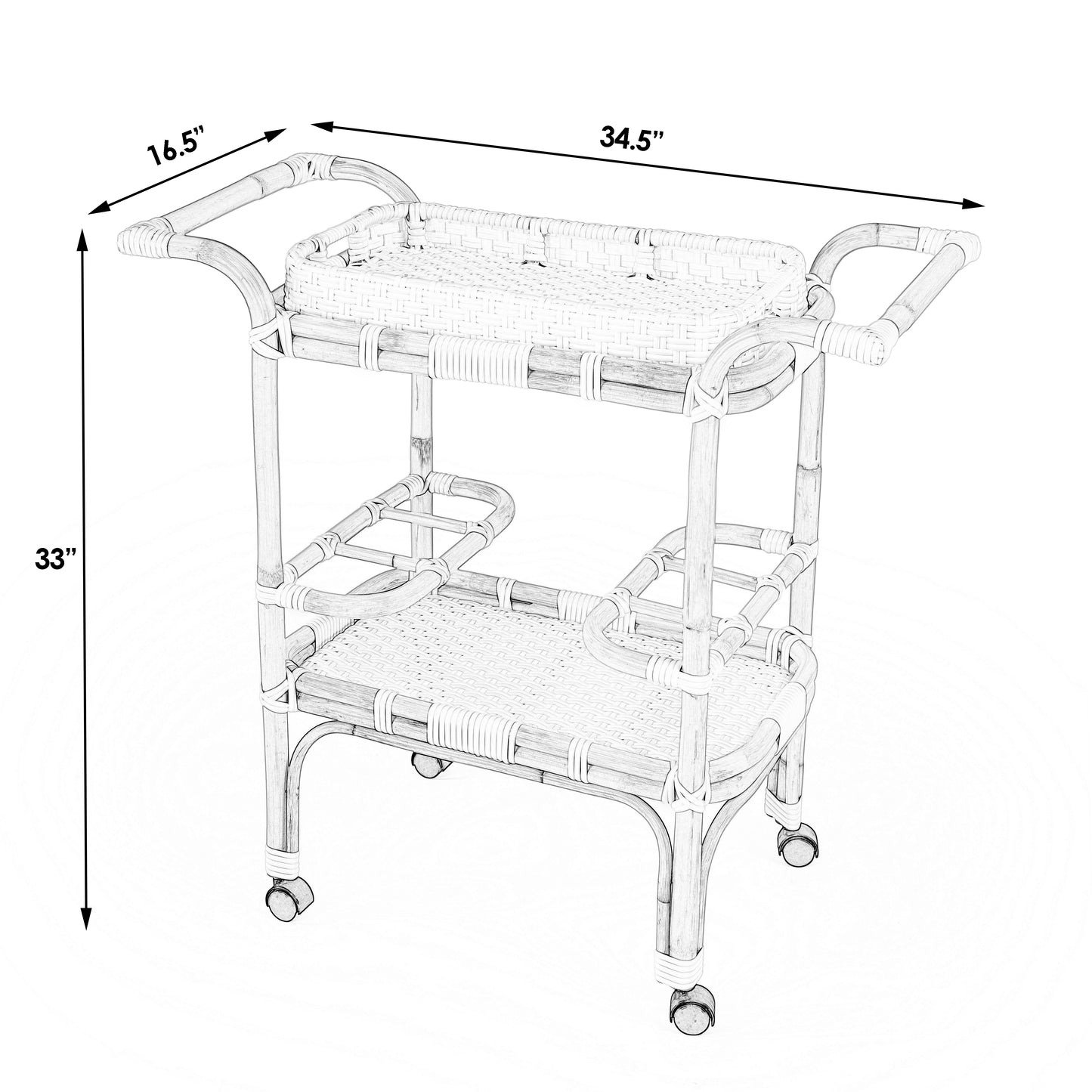 Butler Specialty Company Selena 34.5 in. W Rectangular Rattan 2 Tier Mobile Removeable Top Bar Cart with Bottle Holders, Gray and White, Natural