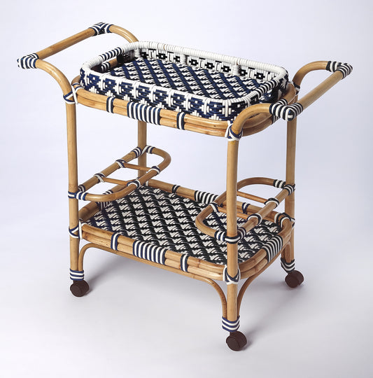 Butler Specialty Company Selena 34.5 in. W Rectangular Rattan 2 Tier Mobile Removeable Top Bar Cart with Bottle Holders, Blue
