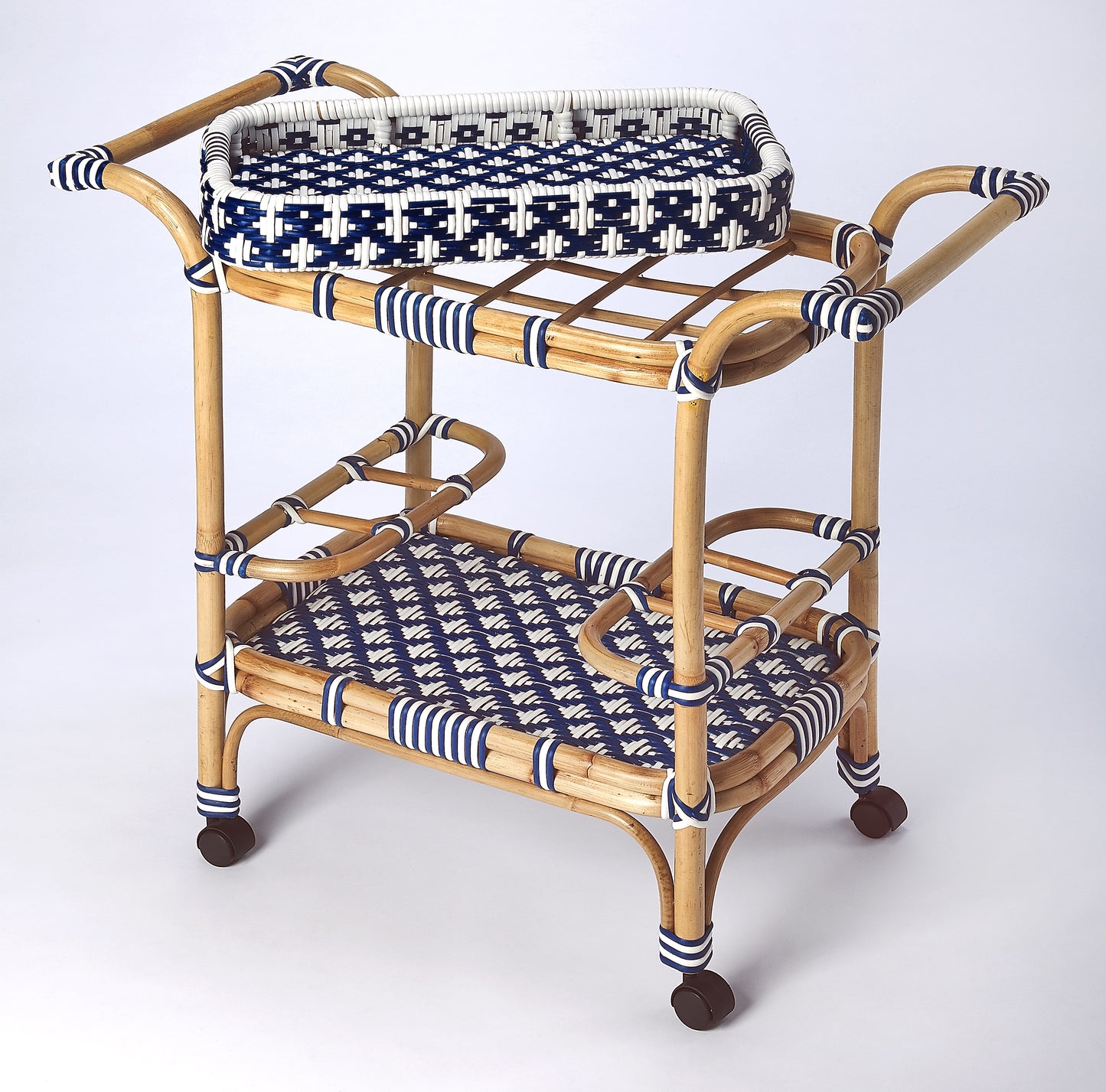 Butler Specialty Company Selena 34.5 in. W Rectangular Rattan 2 Tier Mobile Removeable Top Bar Cart with Bottle Holders, Blue