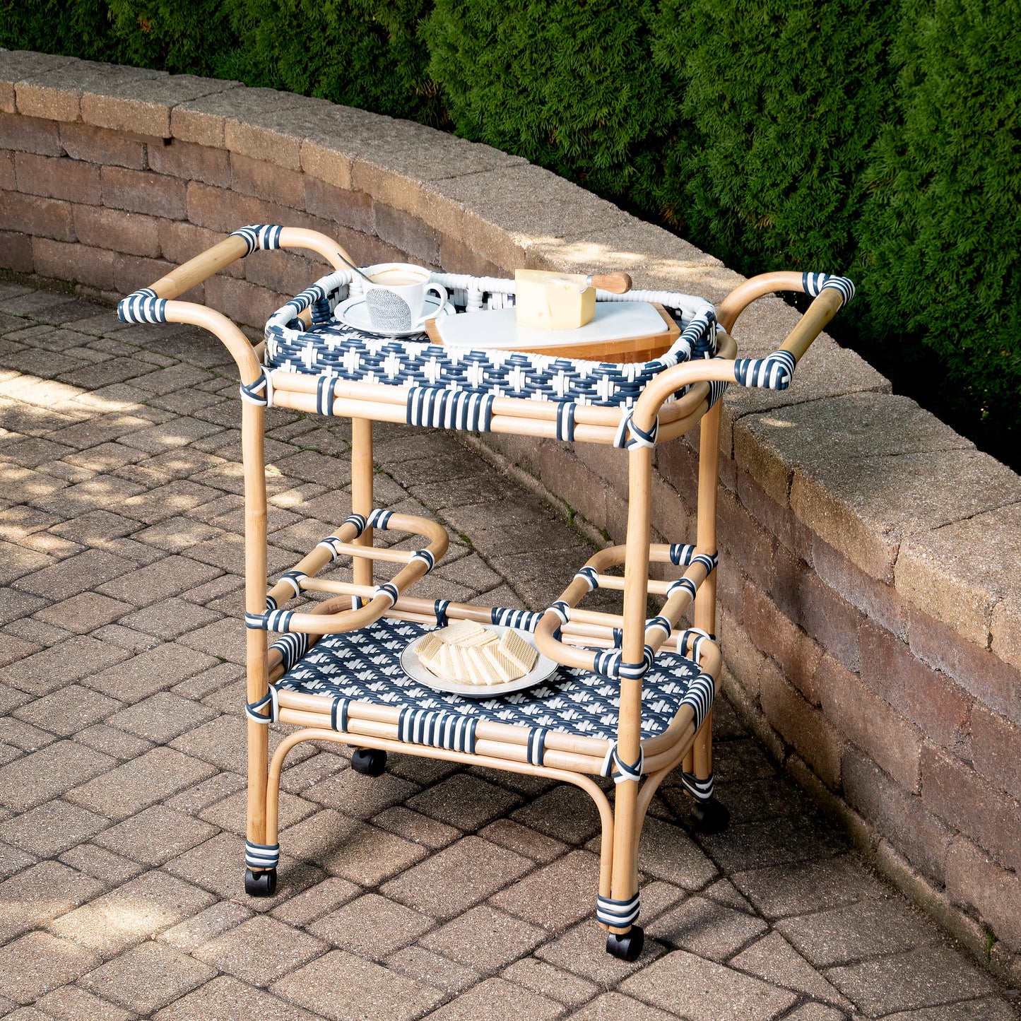 Butler Specialty Company Selena 34.5 in. W Rectangular Rattan 2 Tier Mobile Removeable Top Bar Cart with Bottle Holders, Blue