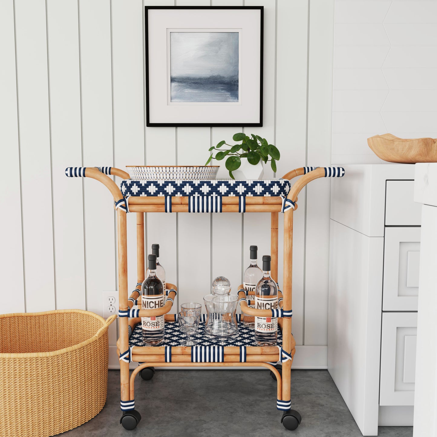 Butler Specialty Company Selena 34.5 in. W Rectangular Rattan 2 Tier Mobile Removeable Top Bar Cart with Bottle Holders, Blue