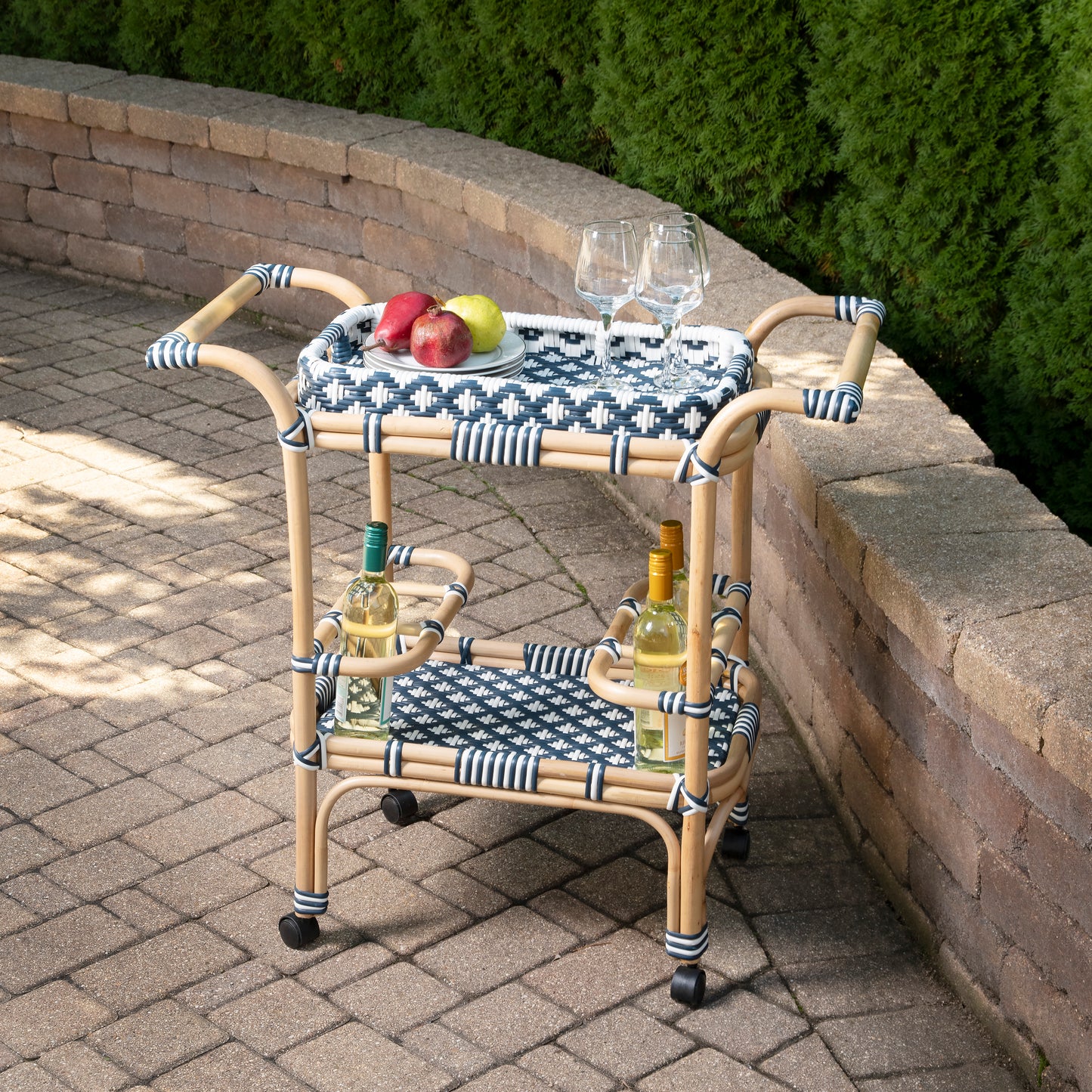 Butler Specialty Company Selena 34.5 in. W Rectangular Rattan 2 Tier Mobile Removeable Top Bar Cart with Bottle Holders, Blue