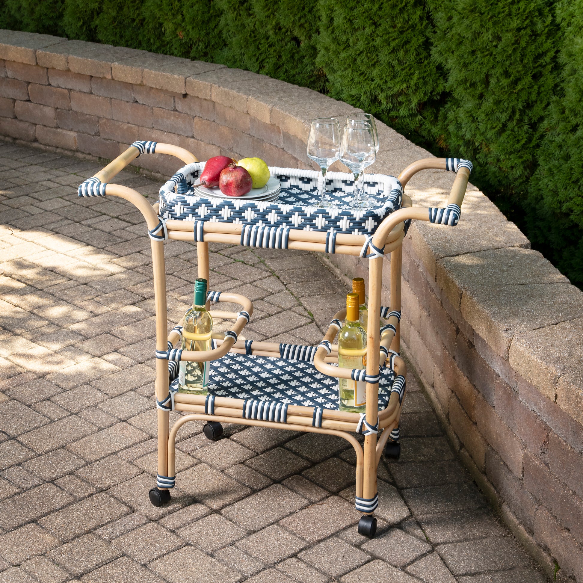 Butler Specialty Company Selena 34.5 in. W Rectangular Rattan 2 Tier Mobile Removeable Top Bar Cart with Bottle Holders, Blue