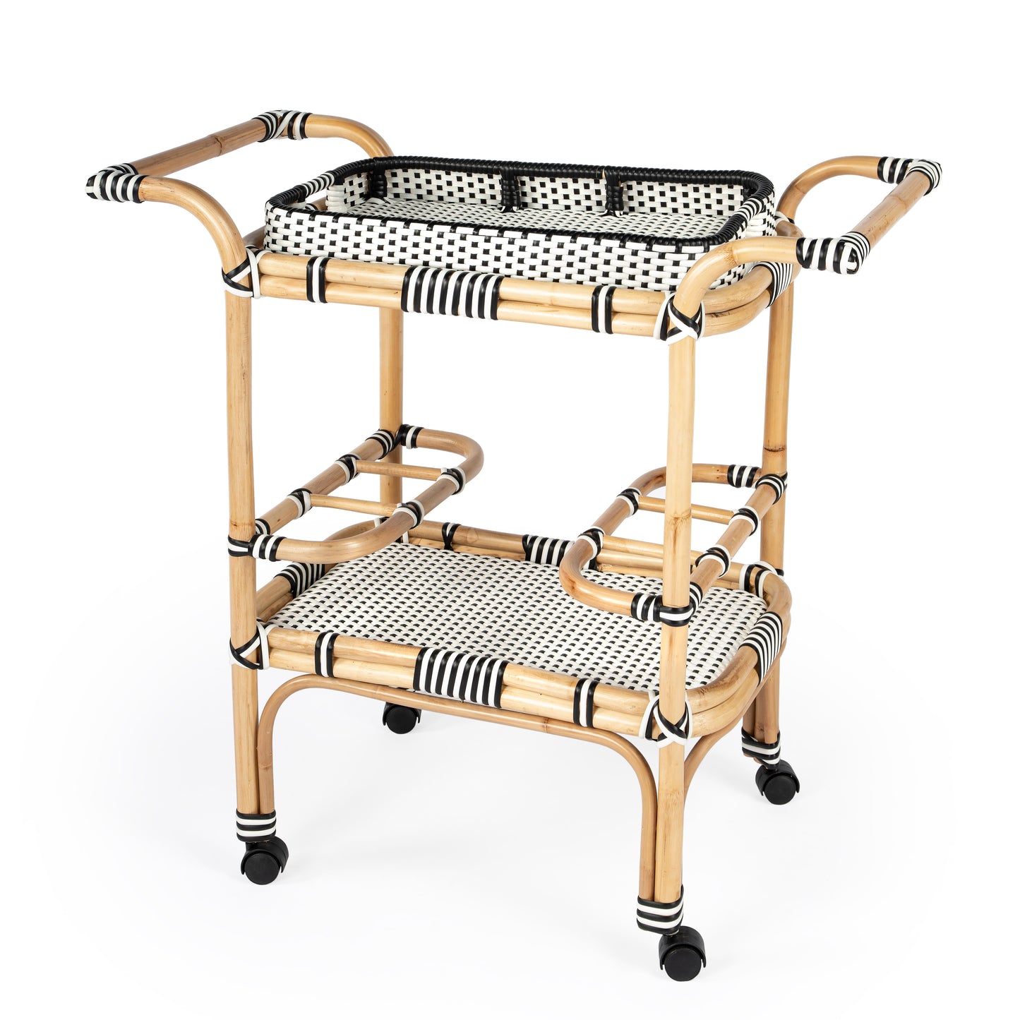 Butler Specialty Company Selena 34.5 in. W Rectangular Rattan 2 Tier Mobile Removeable Top Bar Cart with Bottle Holders, Black and White, Natural