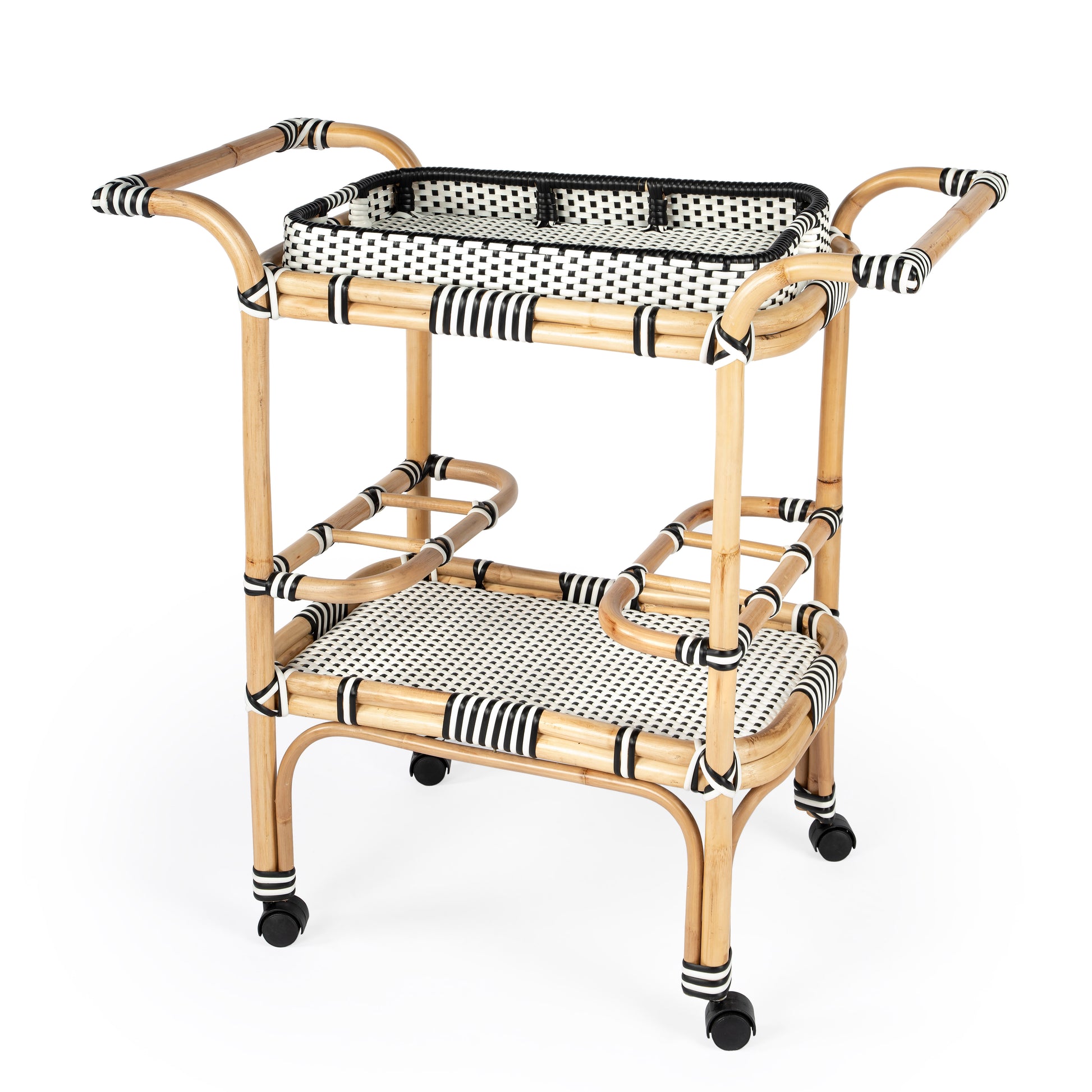 Butler Specialty Company Selena 34.5 in. W Rectangular Rattan 2 Tier Mobile Removeable Top Bar Cart with Bottle Holders, Black and White, Natural