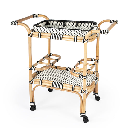 Butler Specialty Company Selena 34.5 in. W Rectangular Rattan 2 Tier Mobile Removeable Top Bar Cart with Bottle Holders, Black and White, Natural