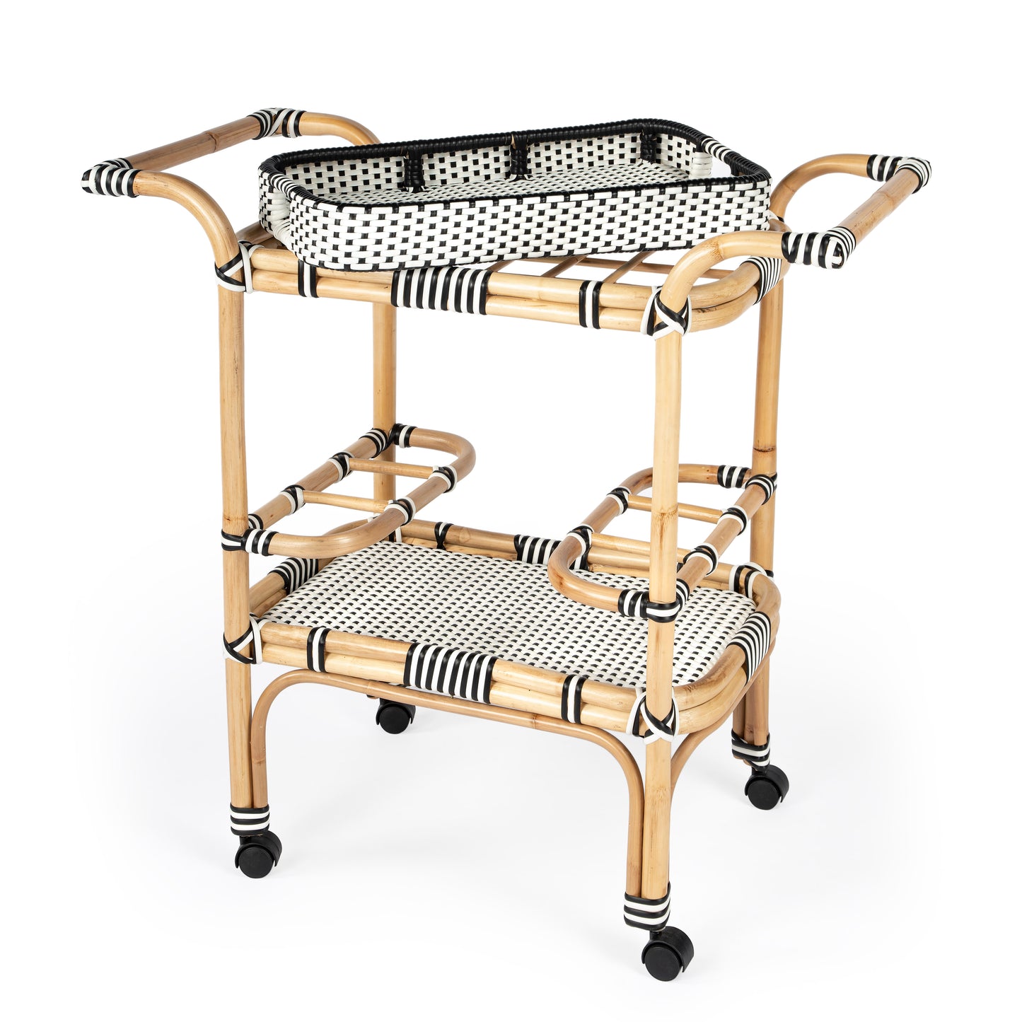 Butler Specialty Company Selena 34.5 in. W Rectangular Rattan 2 Tier Mobile Removeable Top Bar Cart with Bottle Holders, Black and White, Natural