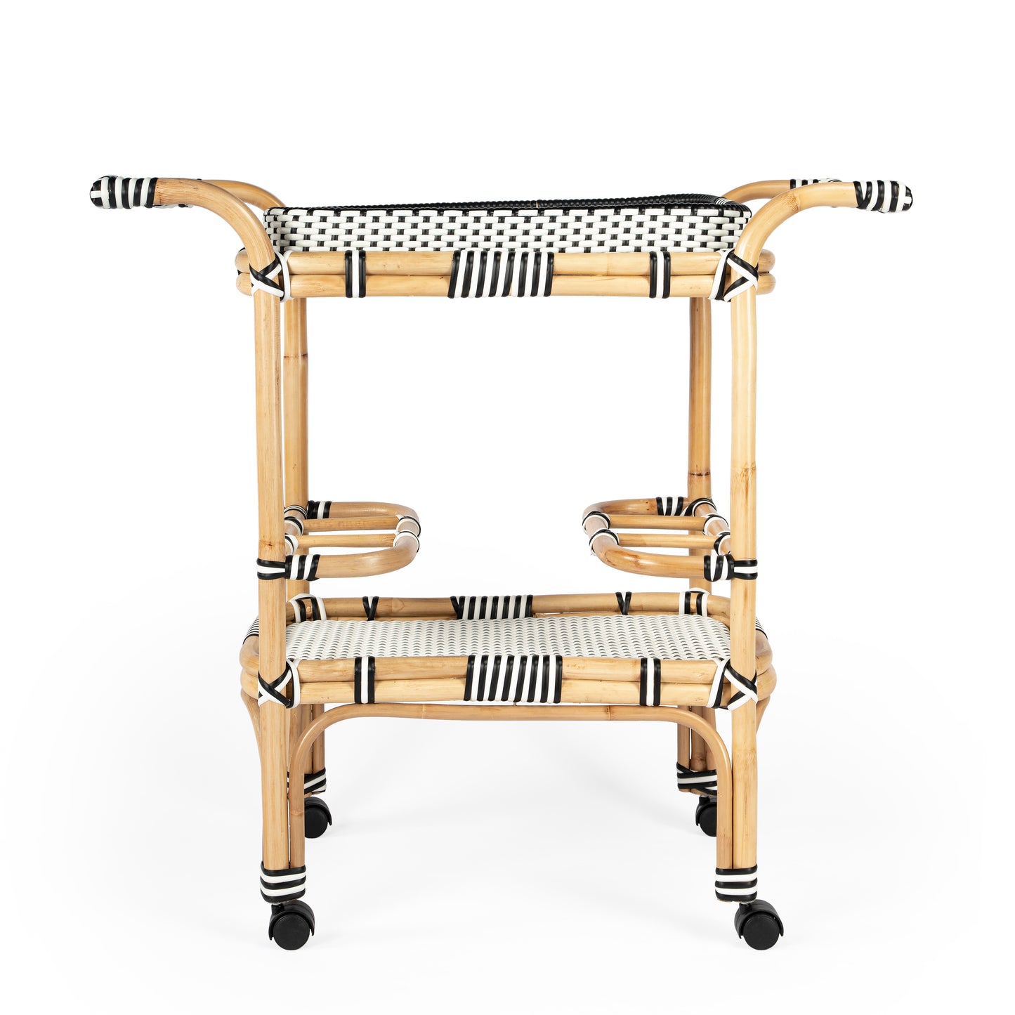 Butler Specialty Company Selena 34.5 in. W Rectangular Rattan 2 Tier Mobile Removeable Top Bar Cart with Bottle Holders, Black and White, Natural