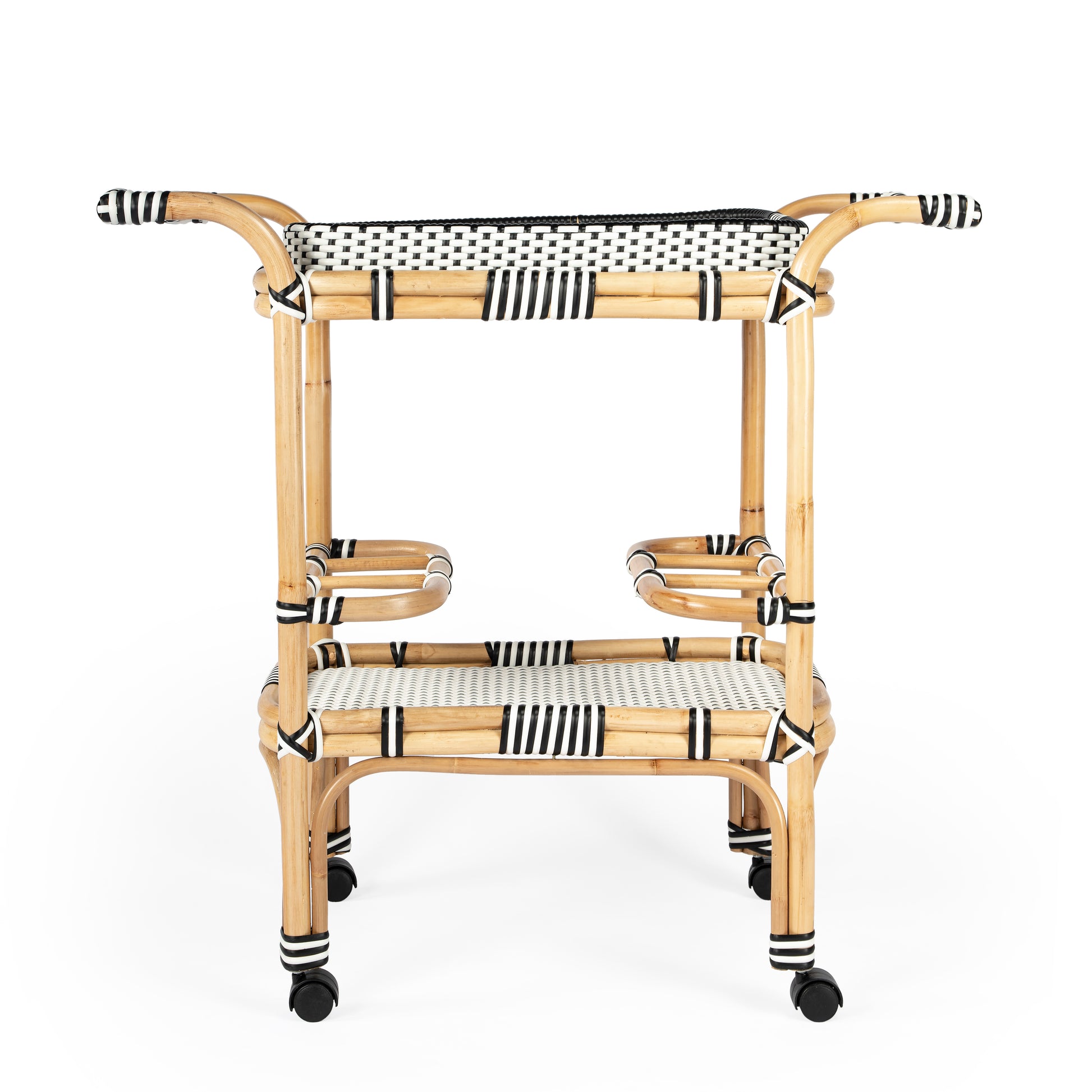 Butler Specialty Company Selena 34.5 in. W Rectangular Rattan 2 Tier Mobile Removeable Top Bar Cart with Bottle Holders, Black and White, Natural