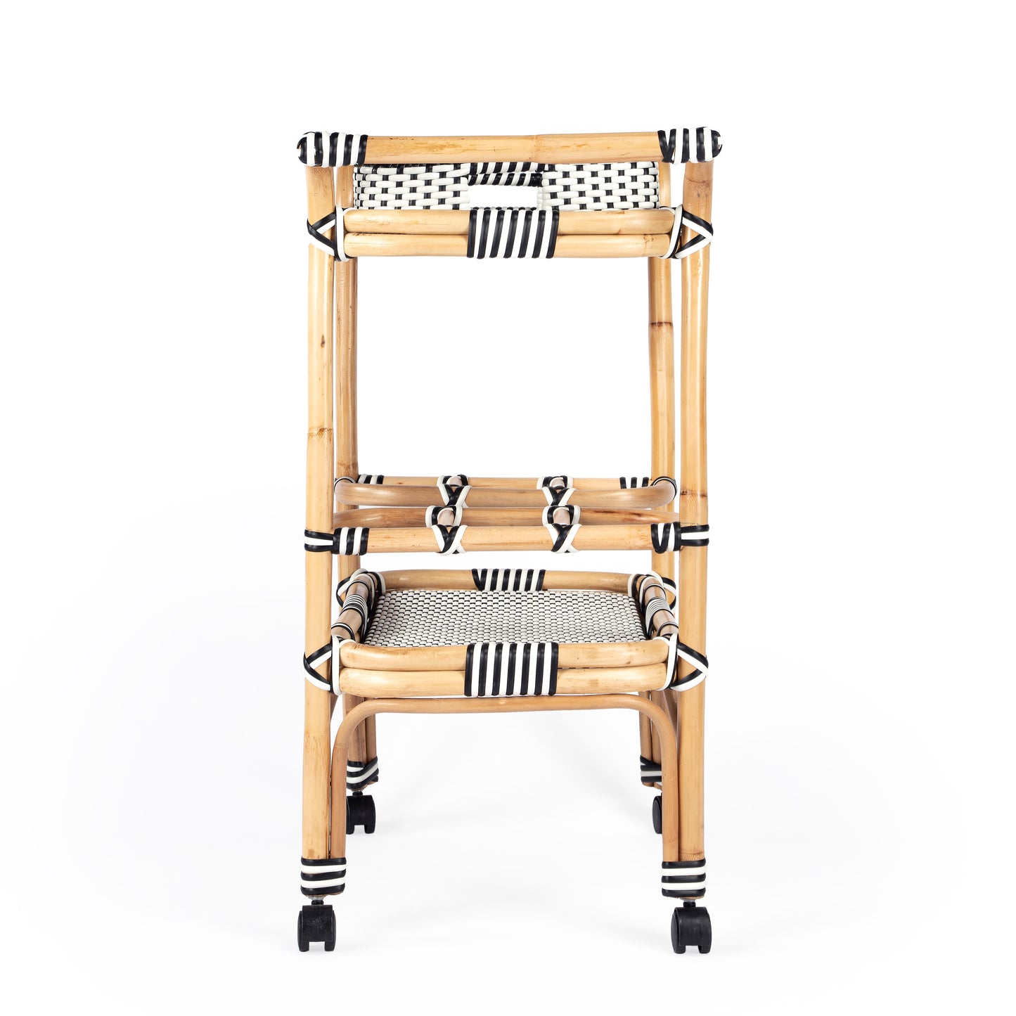 Butler Specialty Company Selena 34.5 in. W Rectangular Rattan 2 Tier Mobile Removeable Top Bar Cart with Bottle Holders, Black and White, Natural
