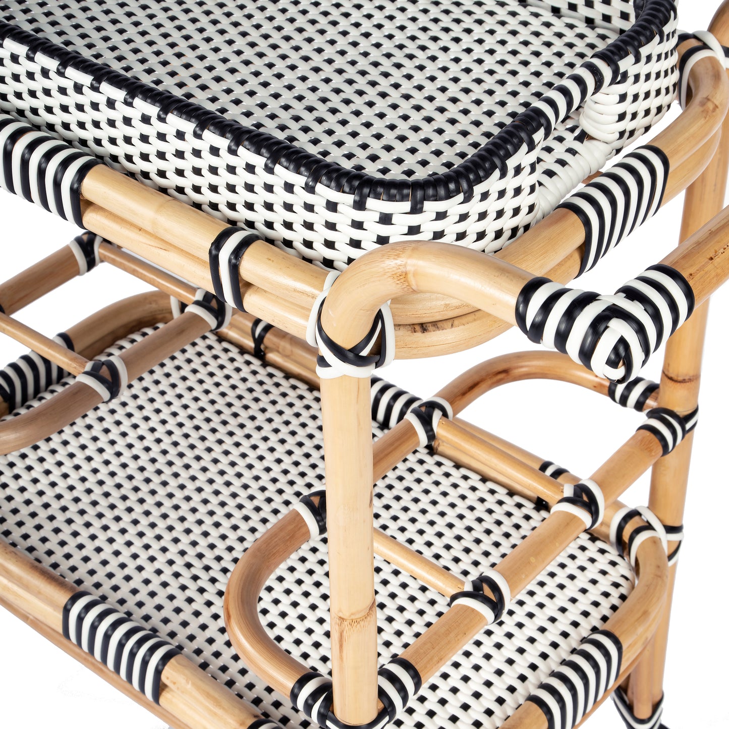 Butler Specialty Company Selena 34.5 in. W Rectangular Rattan 2 Tier Mobile Removeable Top Bar Cart with Bottle Holders, Black and White, Natural