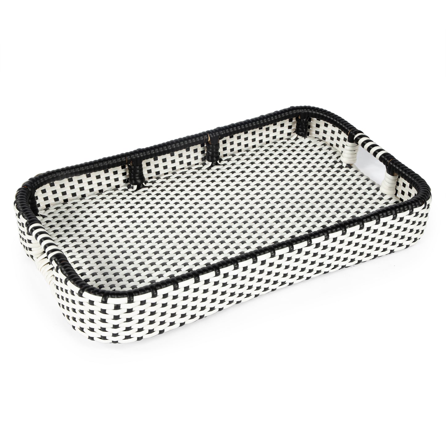 Butler Specialty Company Selena 34.5 in. W Rectangular Rattan 2 Tier Mobile Removeable Top Bar Cart with Bottle Holders, Black and White, Natural