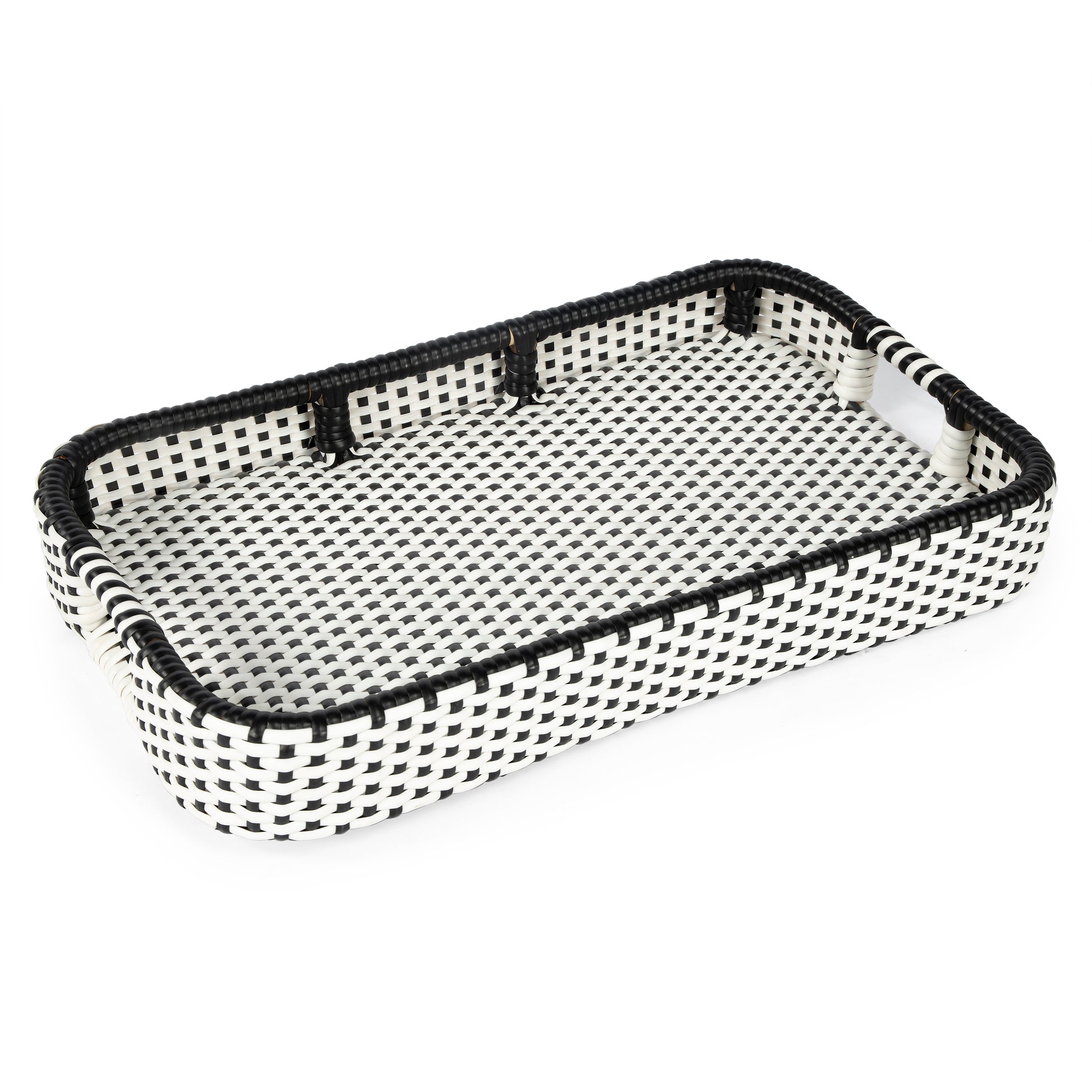 Butler Specialty Company Selena 34.5 in. W Rectangular Rattan 2 Tier Mobile Removeable Top Bar Cart with Bottle Holders, Black and White, Natural