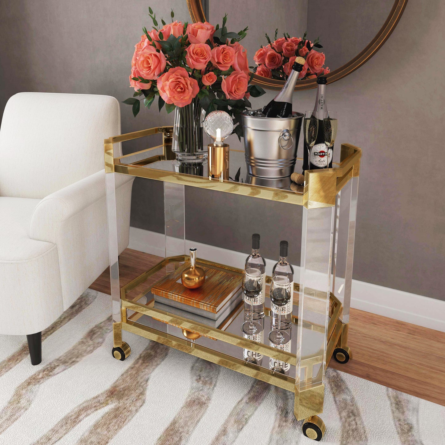 Butler Specialty Company Charlevoix 32 in. W Rectangular Acrylic-Mirrored Glass-Metal 2 Tier Mobil Serving Cart, Gold