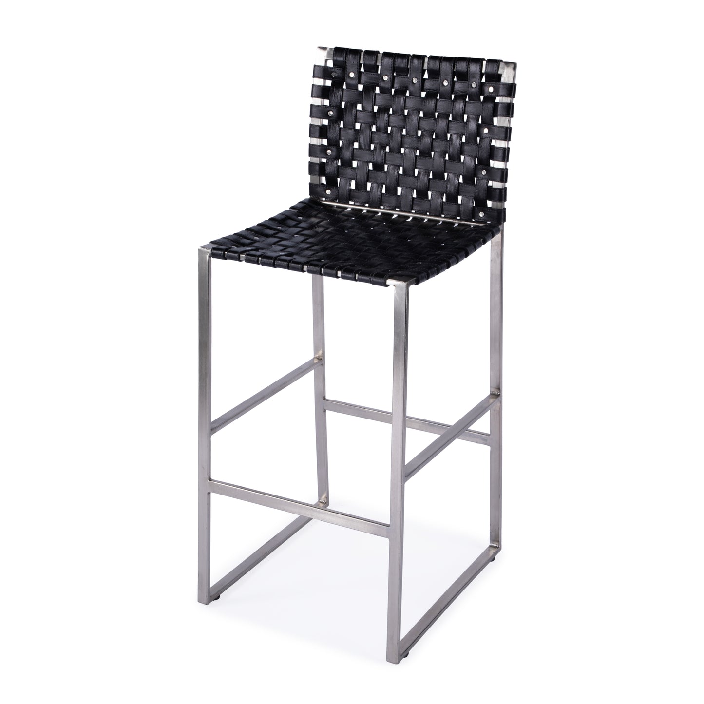 Butler Specialty Company Urban 30 in. Seat Height Rectangular Woven Leather Bar Stool with Back, Black