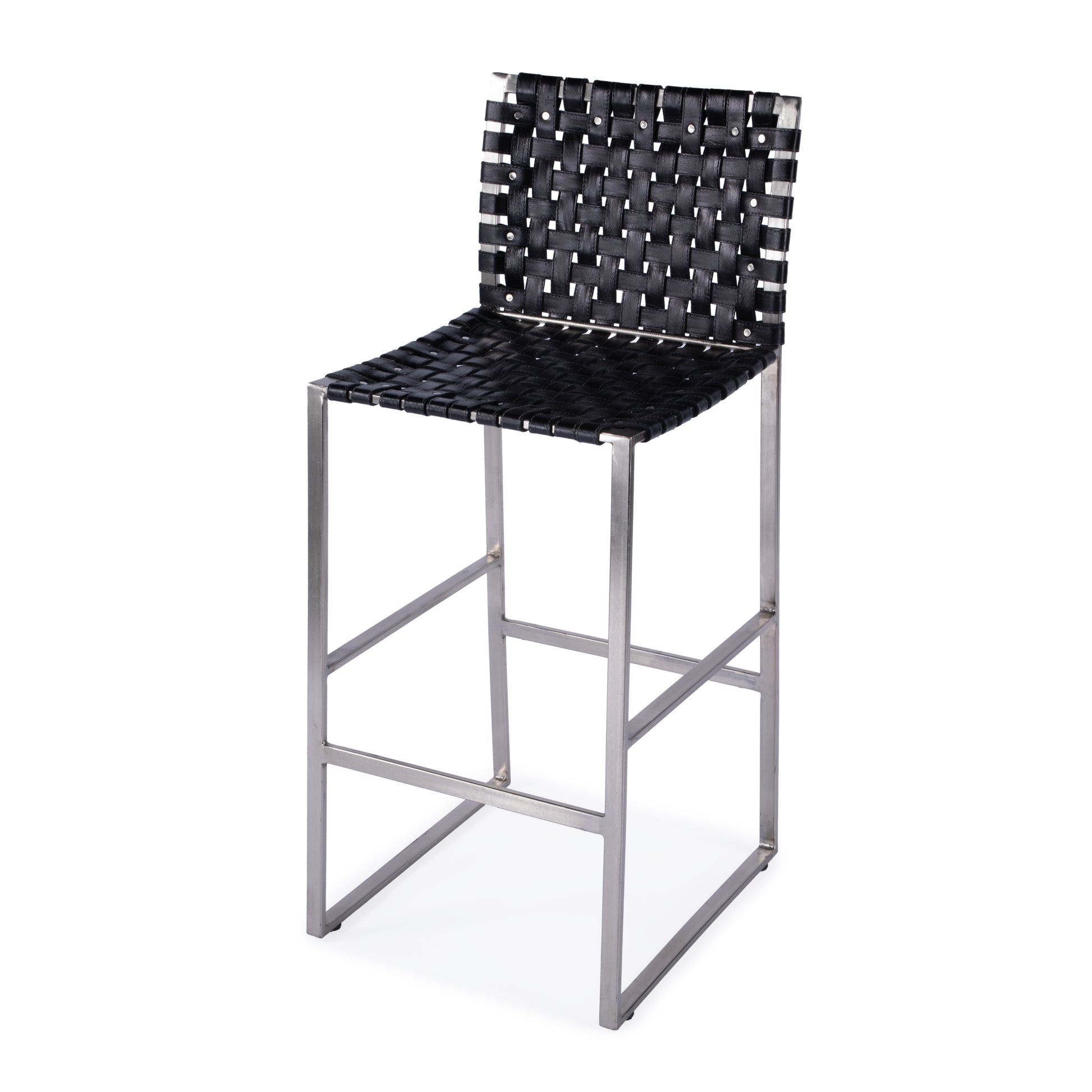 Butler Specialty Company Urban 30 in. Seat Height Rectangular Woven Leather Bar Stool with Back, Black