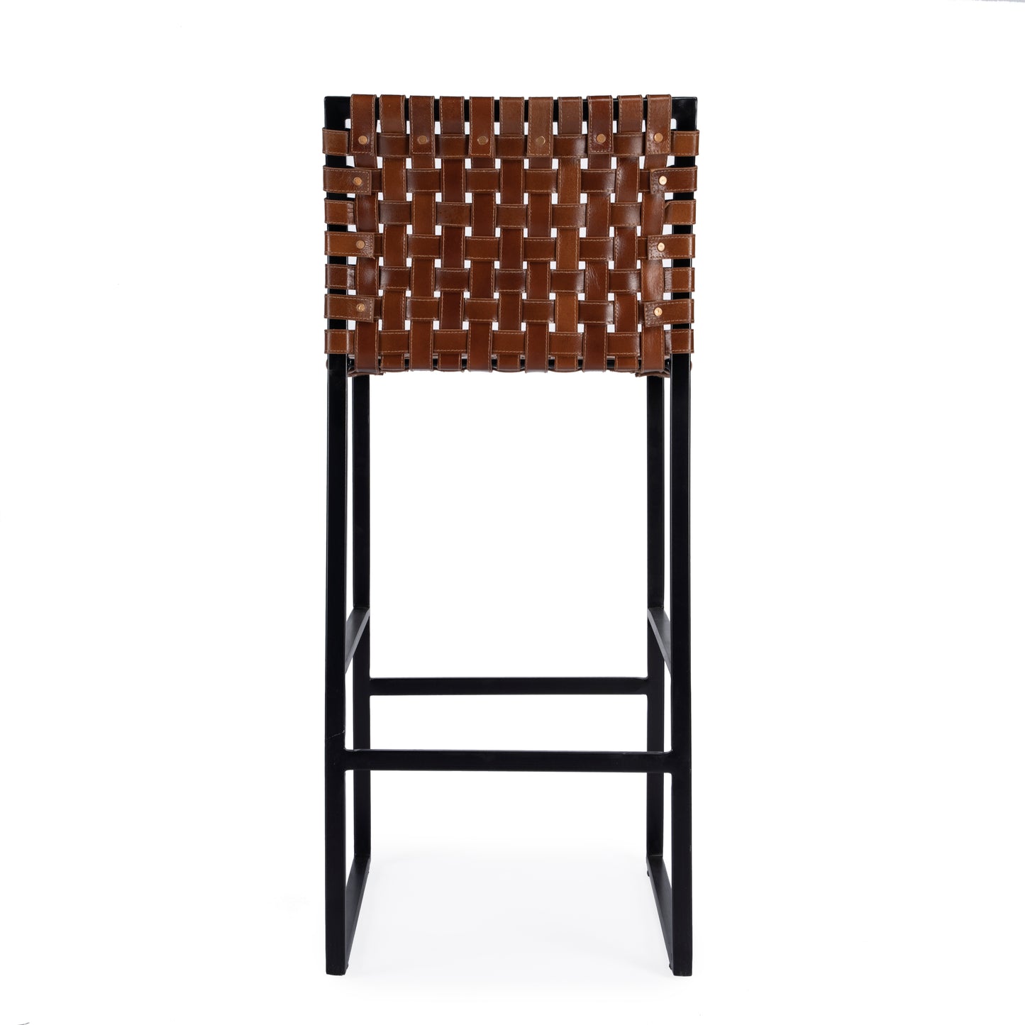 Butler Specialty Company Urban 30 in. Seat Height Rectangular Woven Leather Bar Stool with Back, Medium Brown