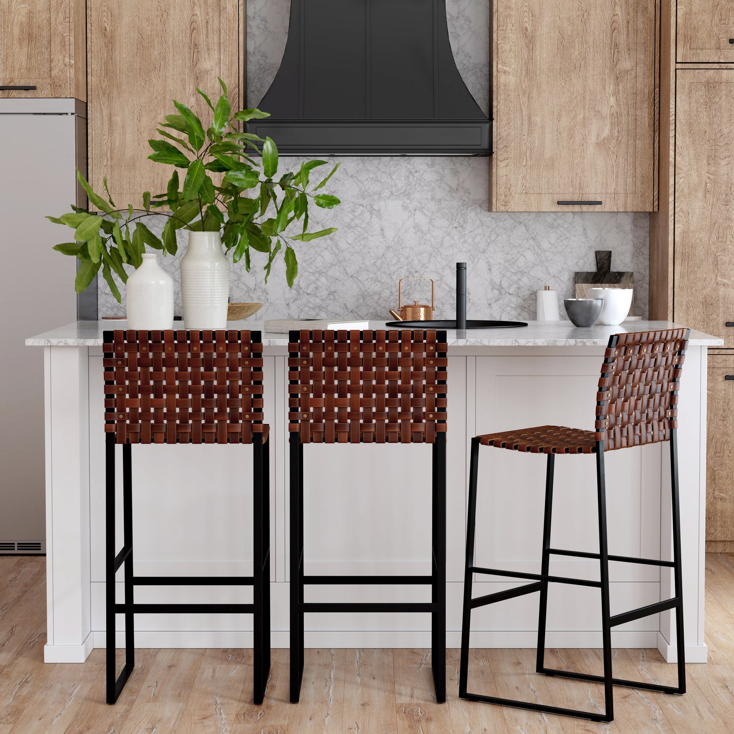 Butler Specialty Company Urban 30 in. Seat Height Rectangular Woven Leather Bar Stool with Back, Medium Brown