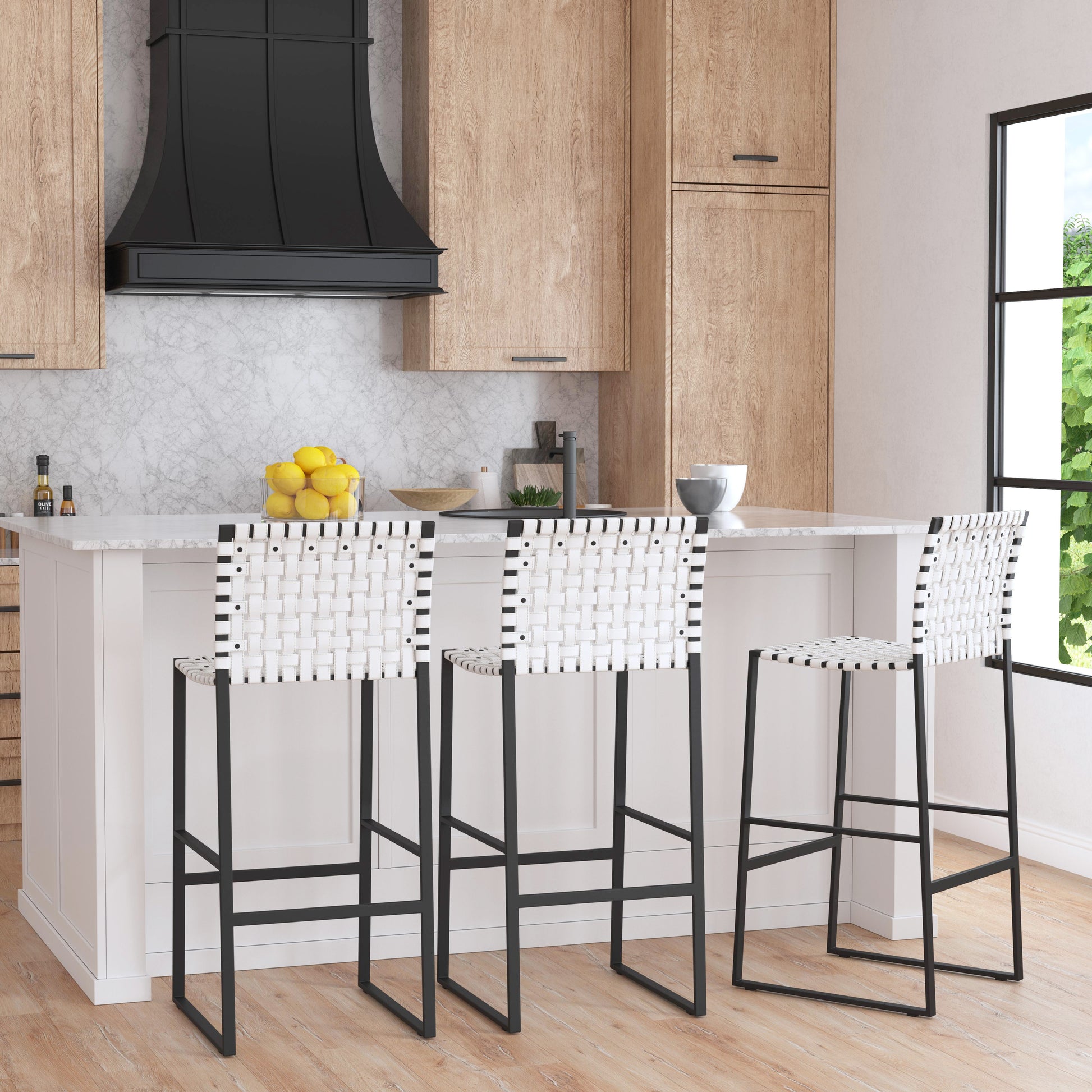 Butler Specialty Company Urban 30 in. Seat Height Rectangular Woven Leather Bar Stool with Back, White