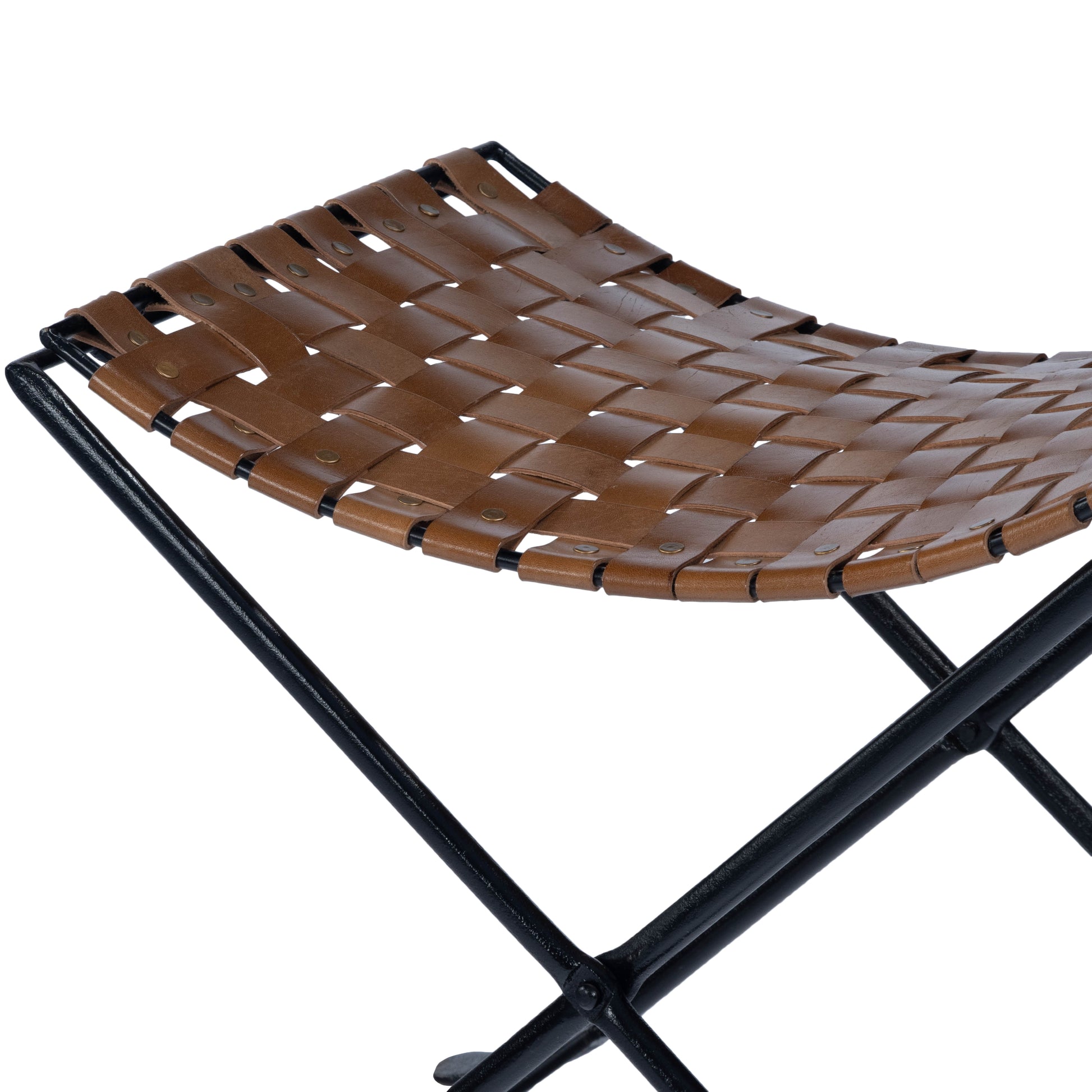 Butler Specialty Company Karma 17.5 in. Seat Height Foldable Woven Leather Stool, Medium Brown