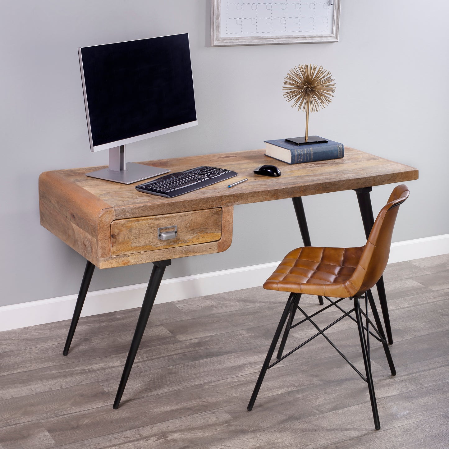Butler Specialty Company Anuri 54.25 in. W Rectangular Wood and Metal 1 Drawer Writing Desk, Light Brown