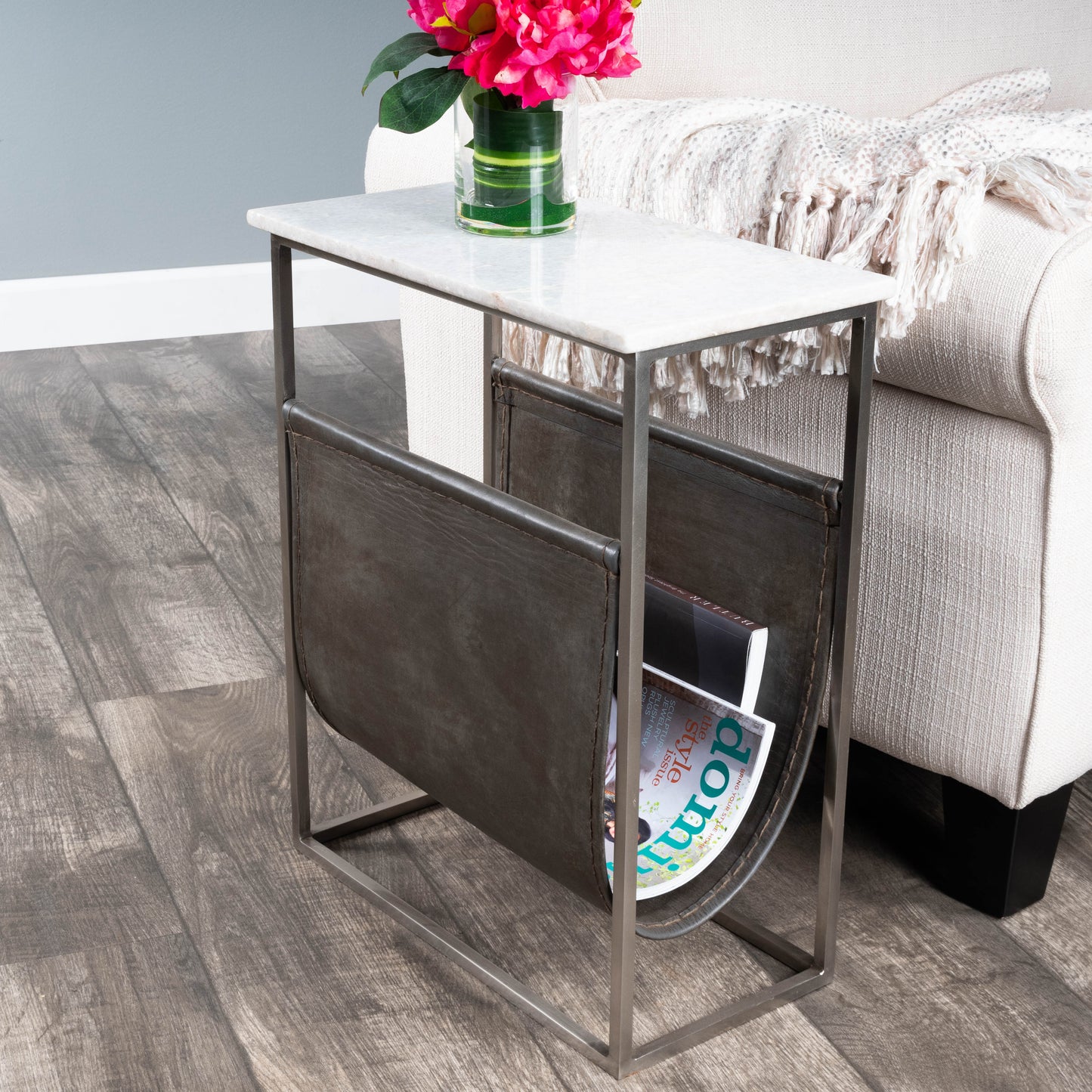 Butler Specialty Company Koler 17.5 in. W Rectangular Marble and Leather Narrow Magazine Side Table, Off-White