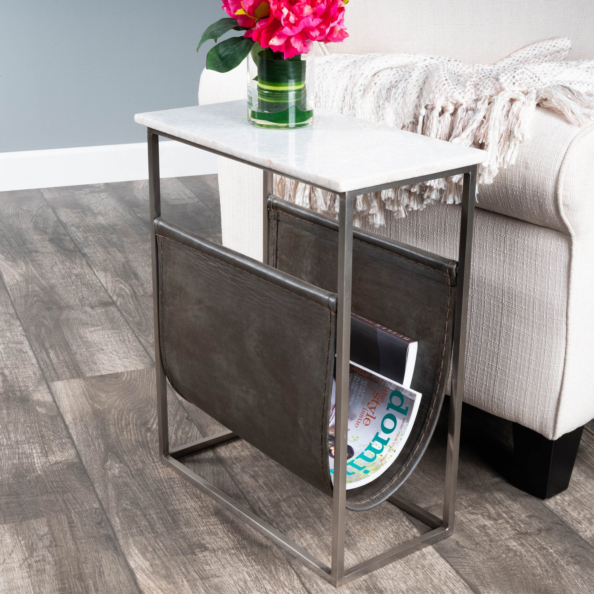 Butler Specialty Company Koler 17.5 in. W Rectangular Marble and Leather Narrow Magazine Side Table, Off-White