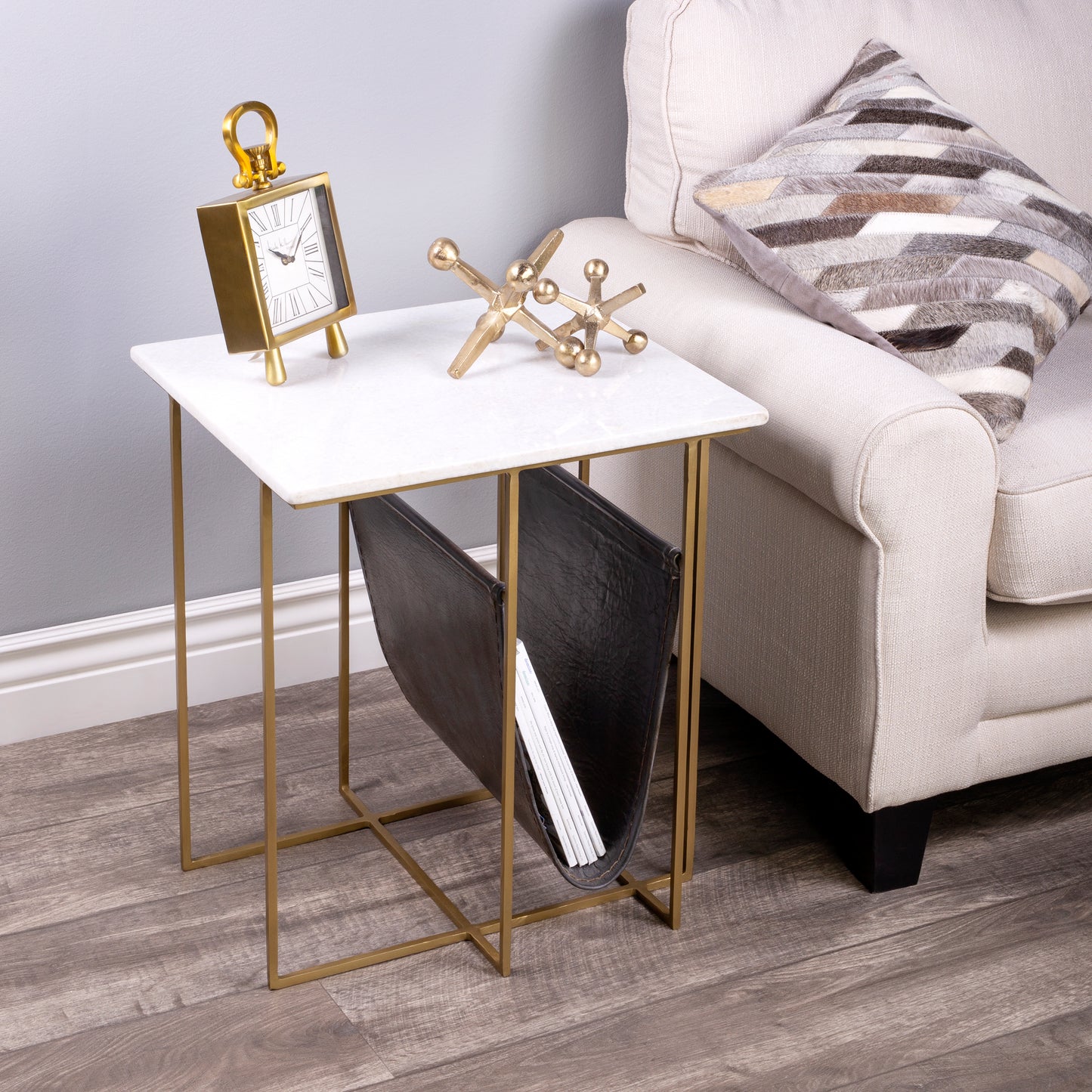 Butler Specialty Company Stephanik 20.25 in. W Rectangular Marble & Leather Magazine Side Table, Off-White