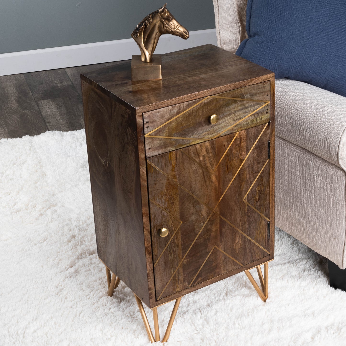 Butler Specialty Company Alda 15.5 in. W Rectangular Wood and Brass Metal Inlay 1 Drawer Accent Cabinet, Medium Brown