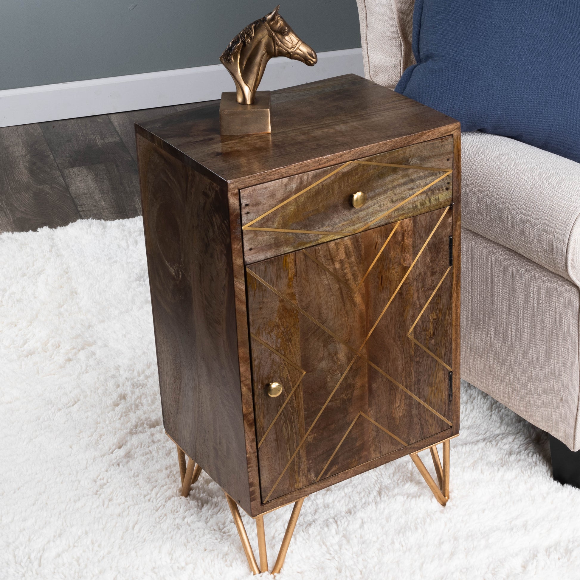 Butler Specialty Company Alda 15.5 in. W Rectangular Wood and Brass Metal Inlay 1 Drawer Accent Cabinet, Medium Brown