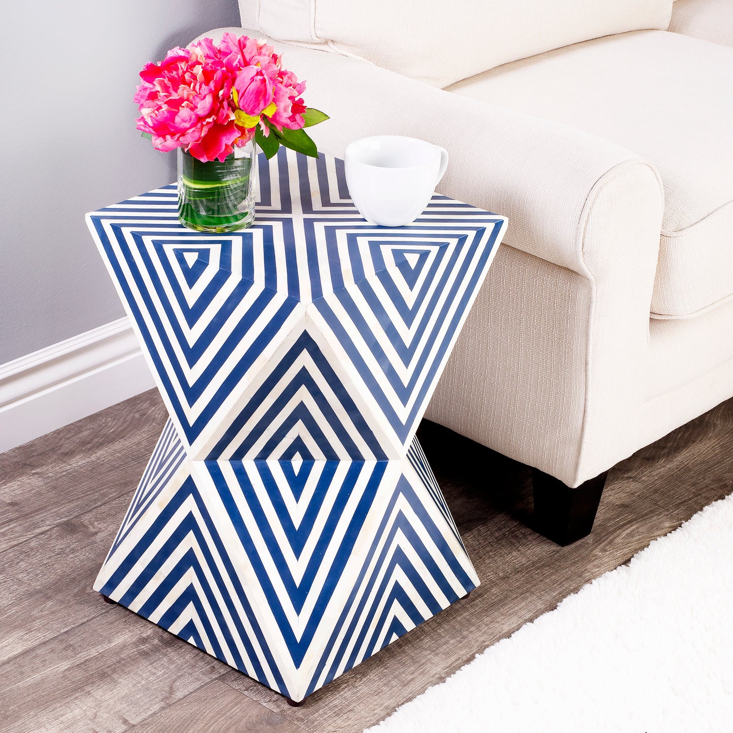 Anais Bone Inlay Side Table in Navy Blue and White 5510319