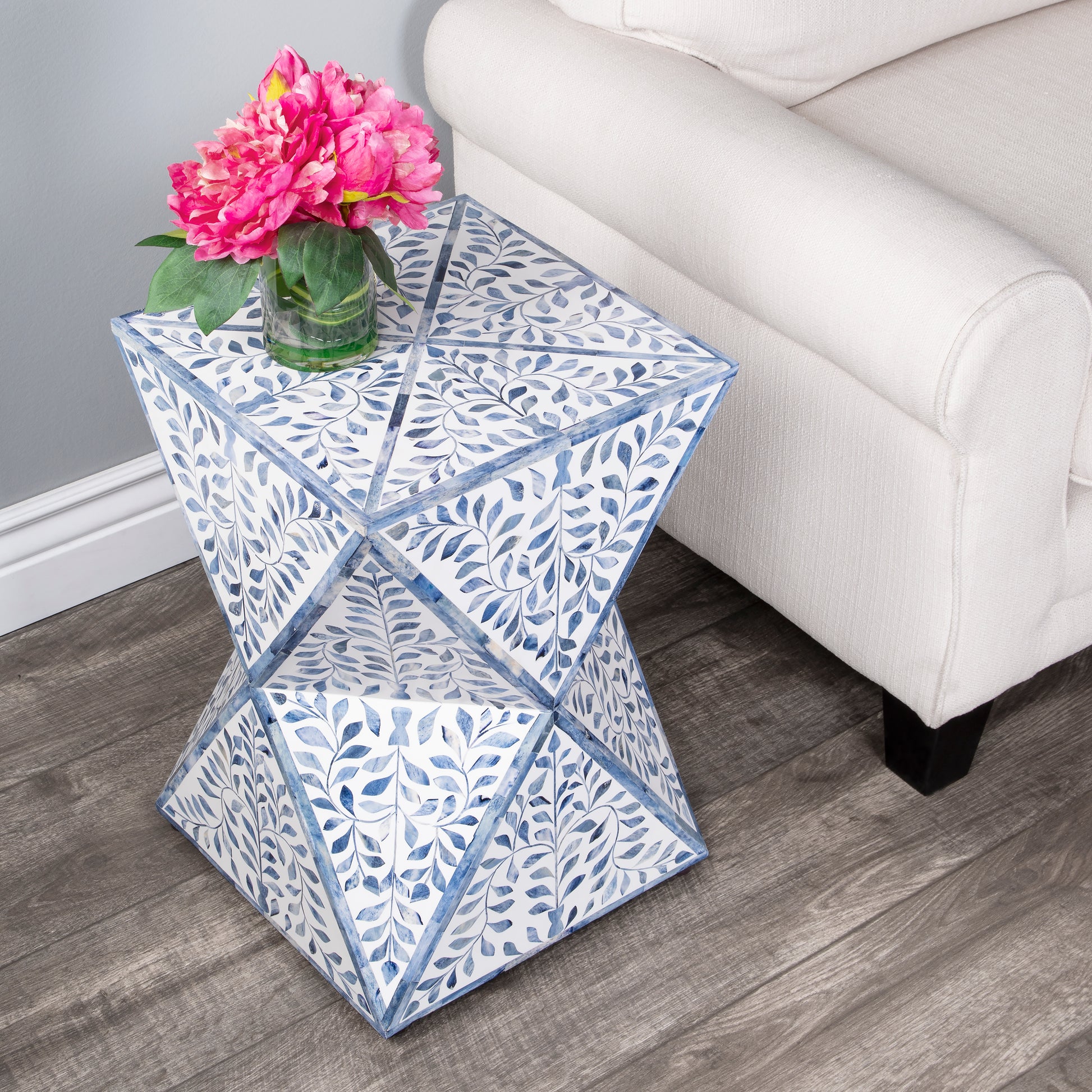 Butler Specialty Company Trubadur 14.25 in. W Square Bone Inlay Contempoary Side Table, Sky Blue and White