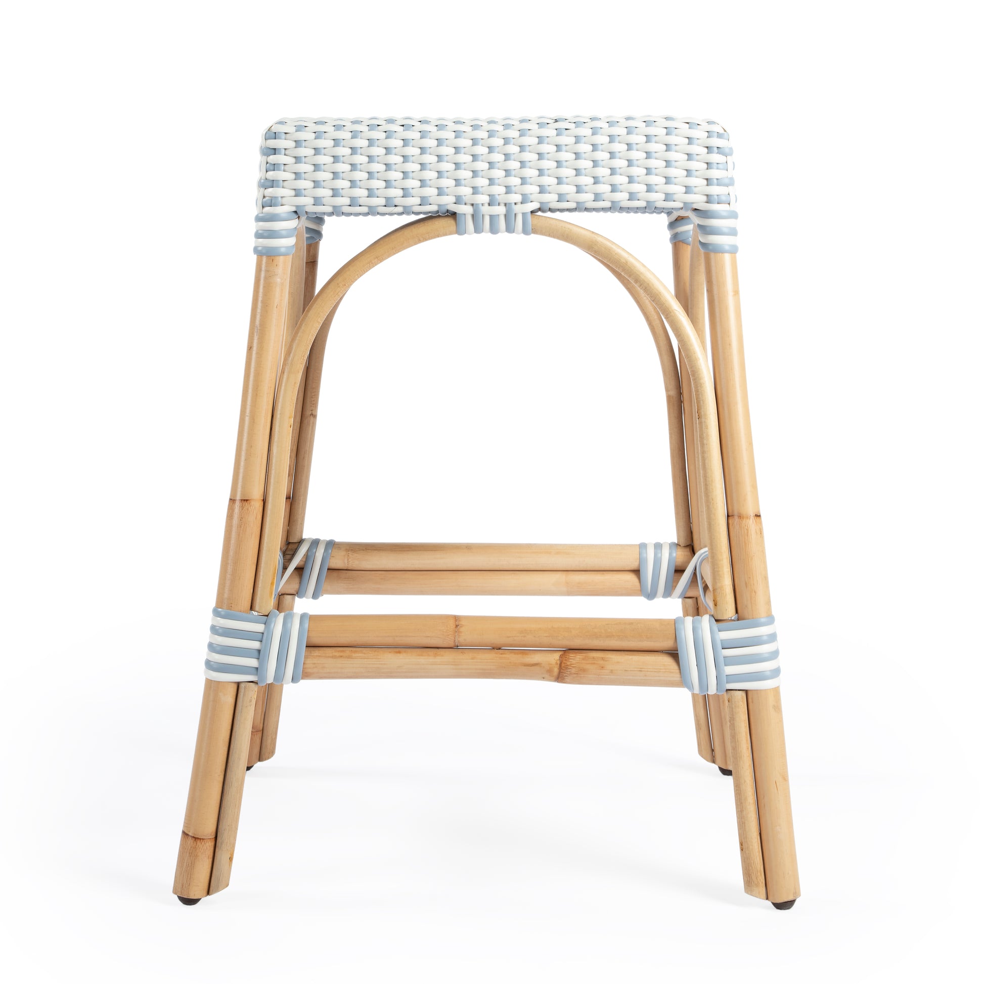 Butler Specialty Company Robias 24.5 in. Seat Height Rectangular Rattan Backless Counter Stool with Footrest, White and Sky Blue Dot