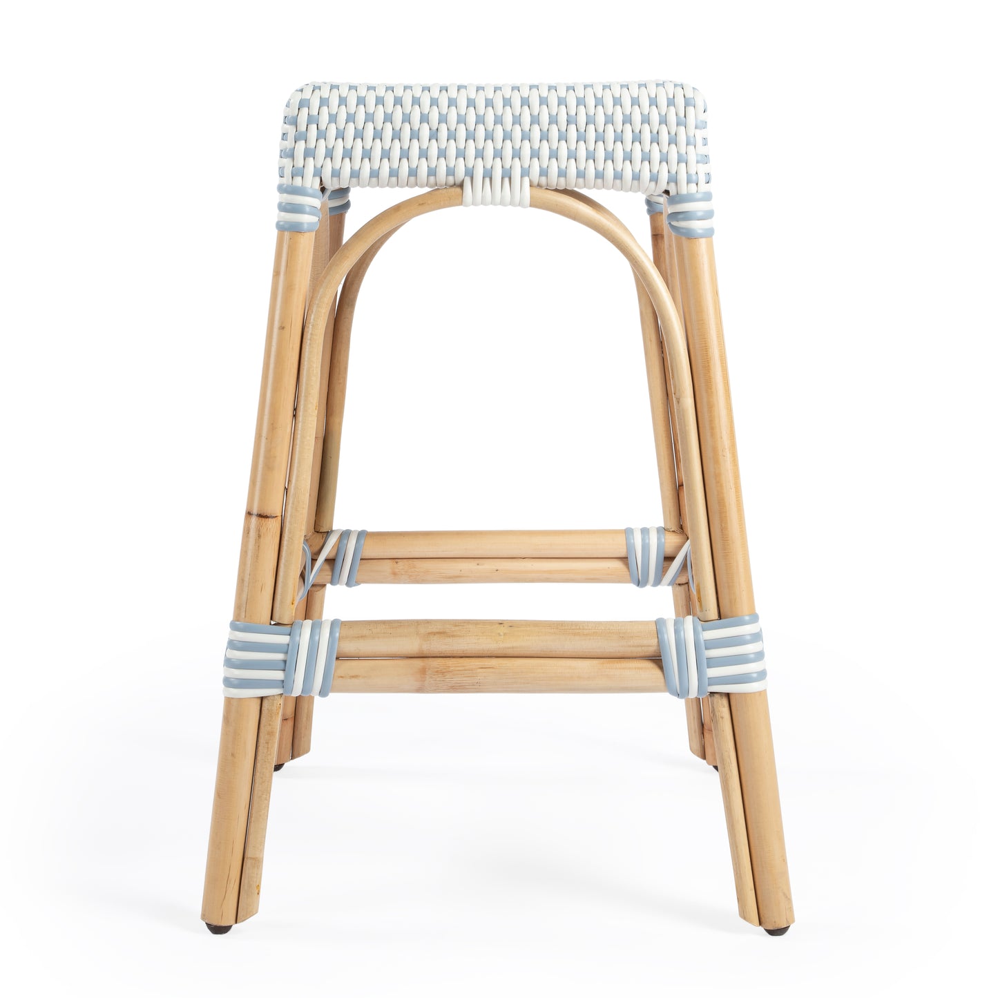 Butler Specialty Company Robias 24.5 in. Seat Height Rectangular Rattan Backless Counter Stool with Footrest, White and Sky Blue Dot