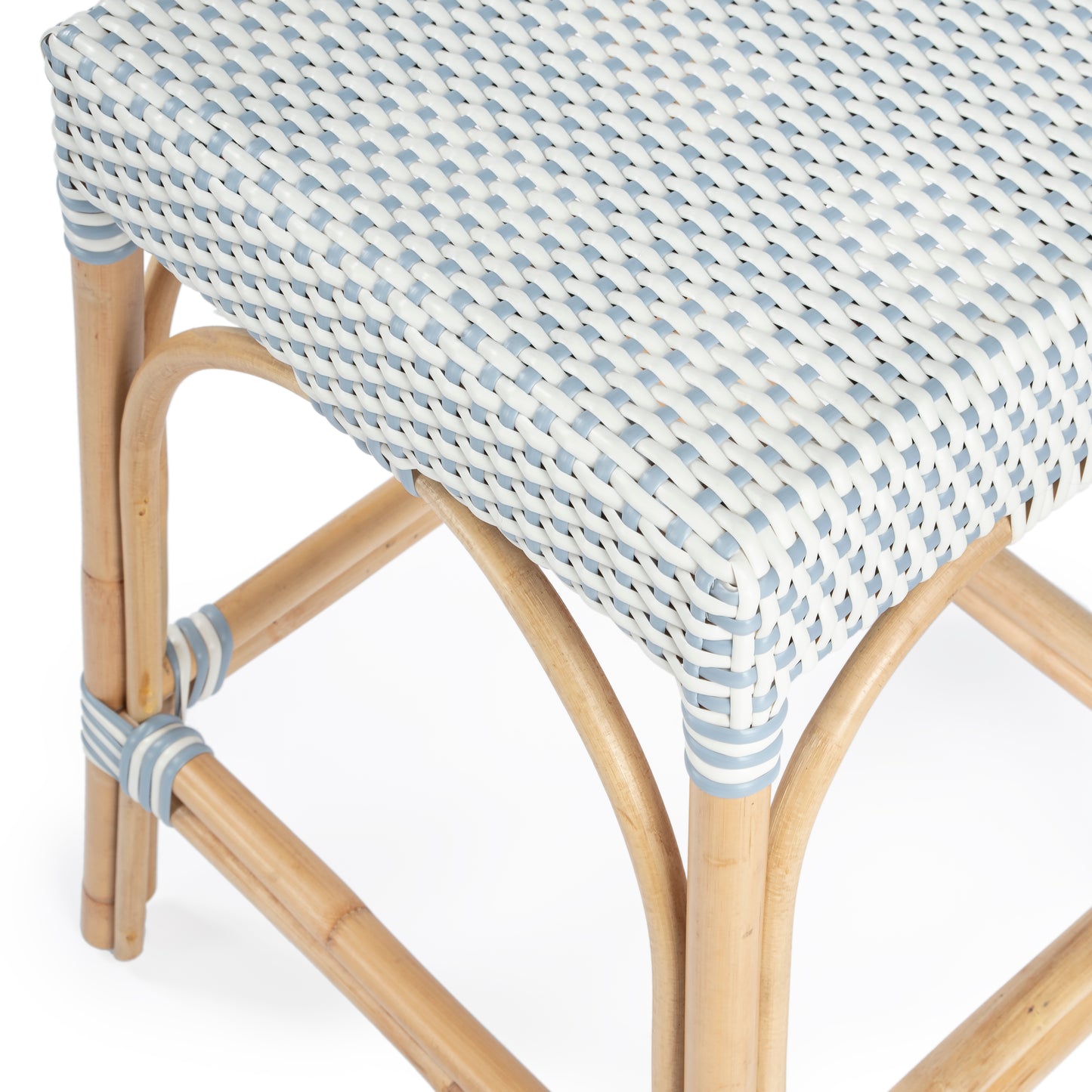 Butler Specialty Company Robias 24.5 in. Seat Height Rectangular Rattan Backless Counter Stool with Footrest, White and Sky Blue Dot