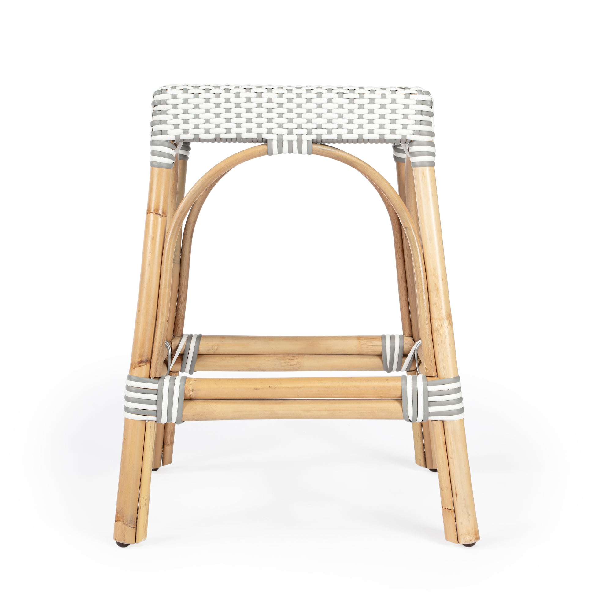 Butler Specialty Company Robias 24.5 in. Seat Height Rectangular Rattan Backless Counter Stool with Footrest, Gray and White Dot