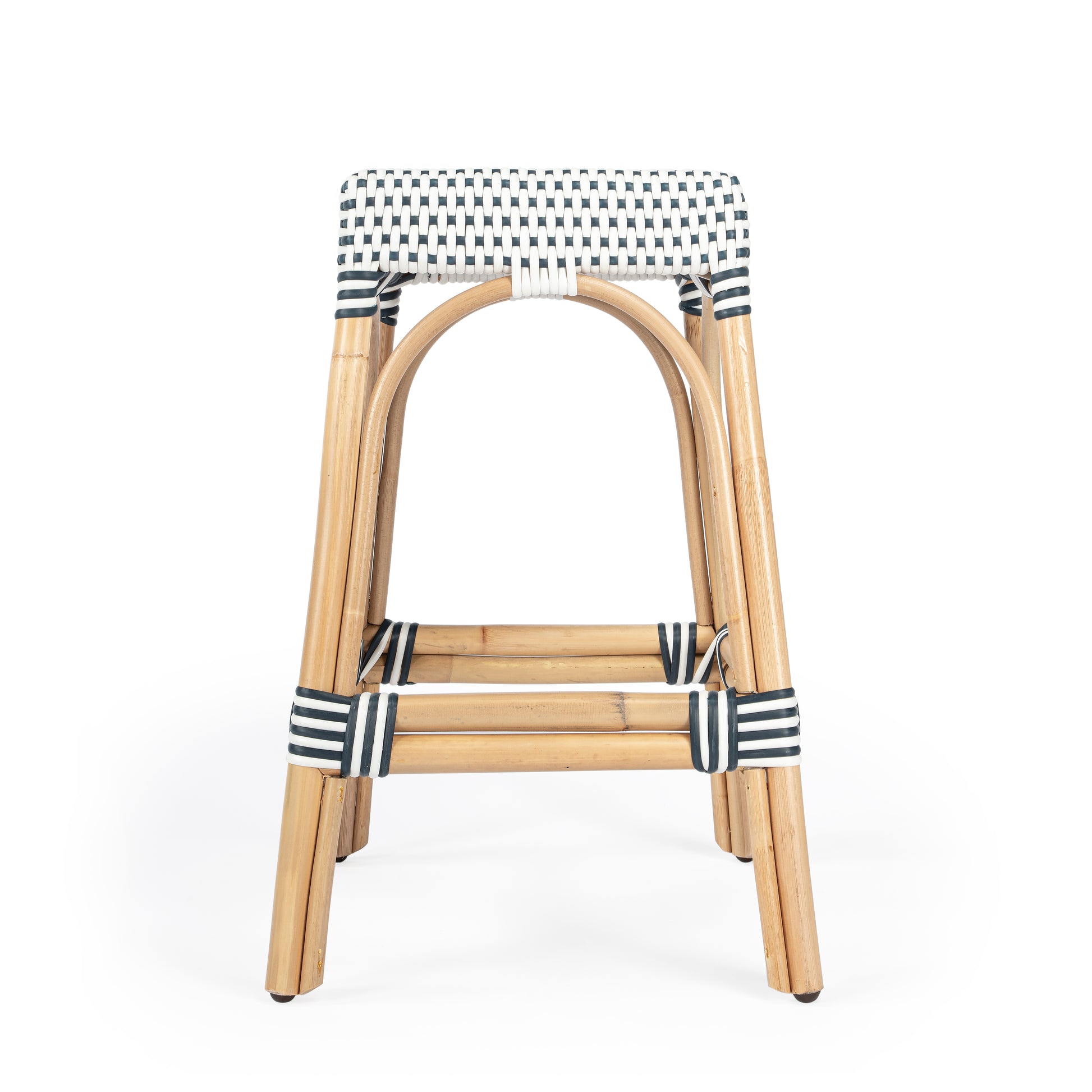 Butler Specialty Company Robias 24.5 in. Seat Height Rectangular Rattan Backless Counter Stool with Footrest, White and Navy Dot