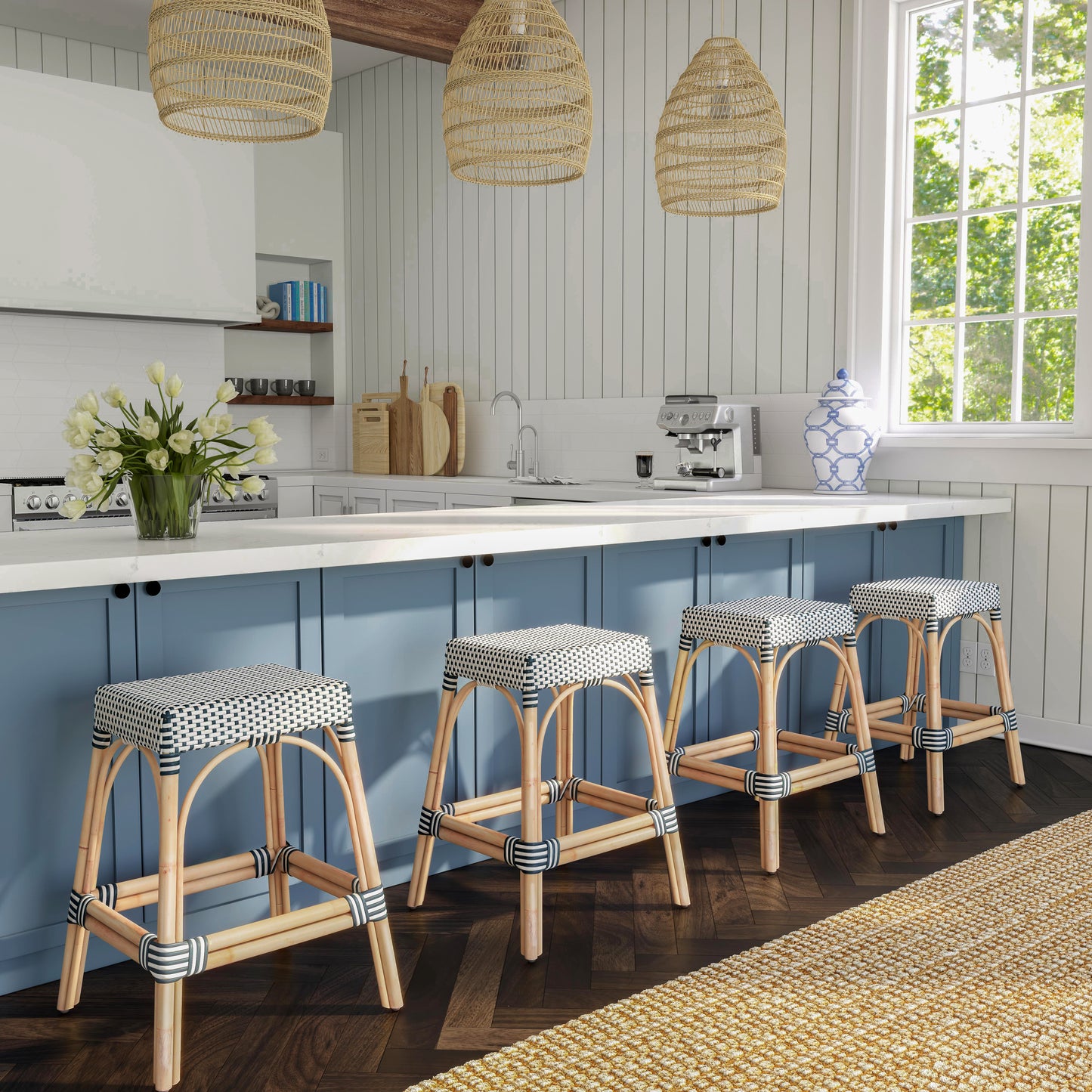 Butler Specialty Company Robias 24.5 in. Seat Height Rectangular Rattan Backless Counter Stool with Footrest, White and Navy Dot
