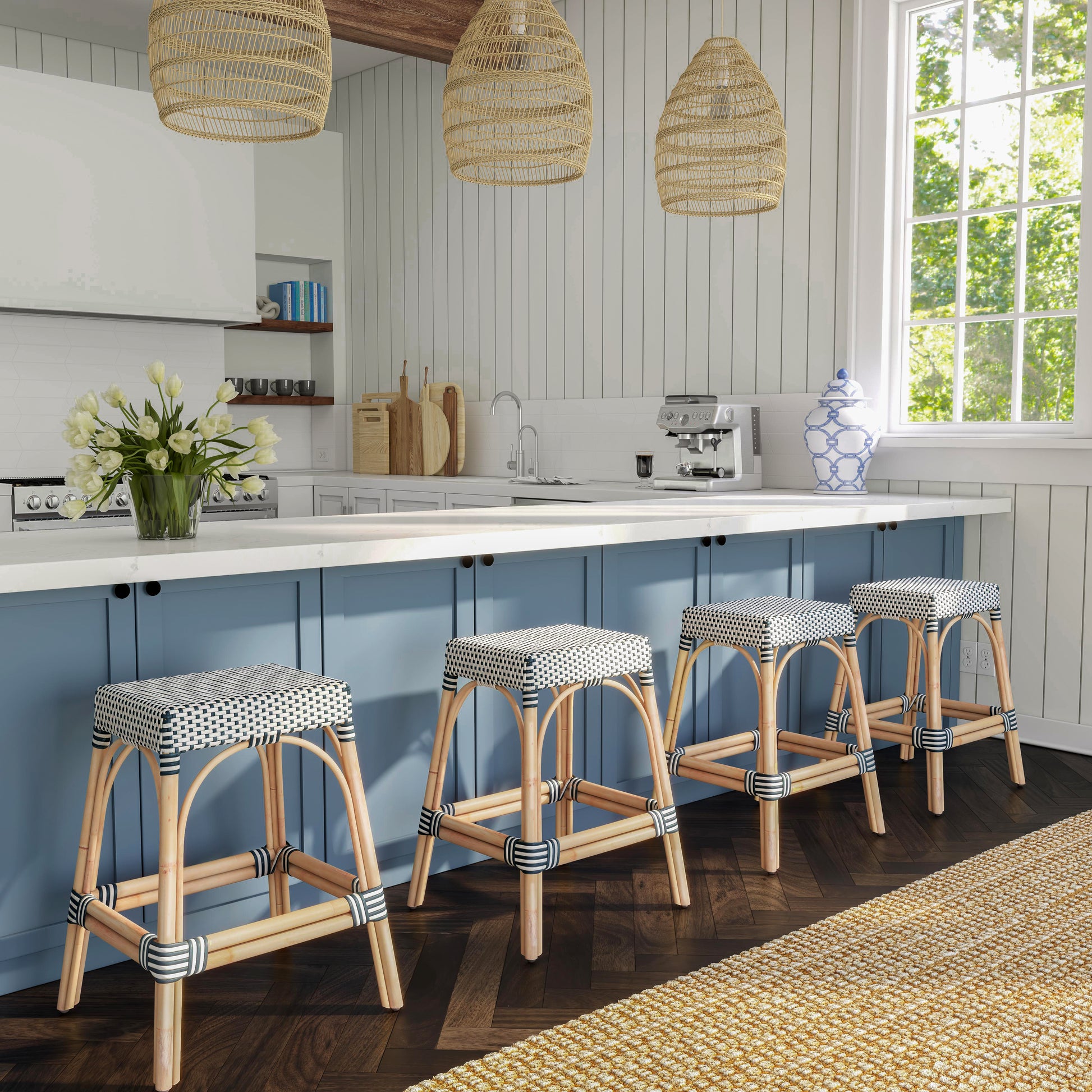 Butler Specialty Company Robias 24.5 in. Seat Height Rectangular Rattan Backless Counter Stool with Footrest, White and Navy Dot