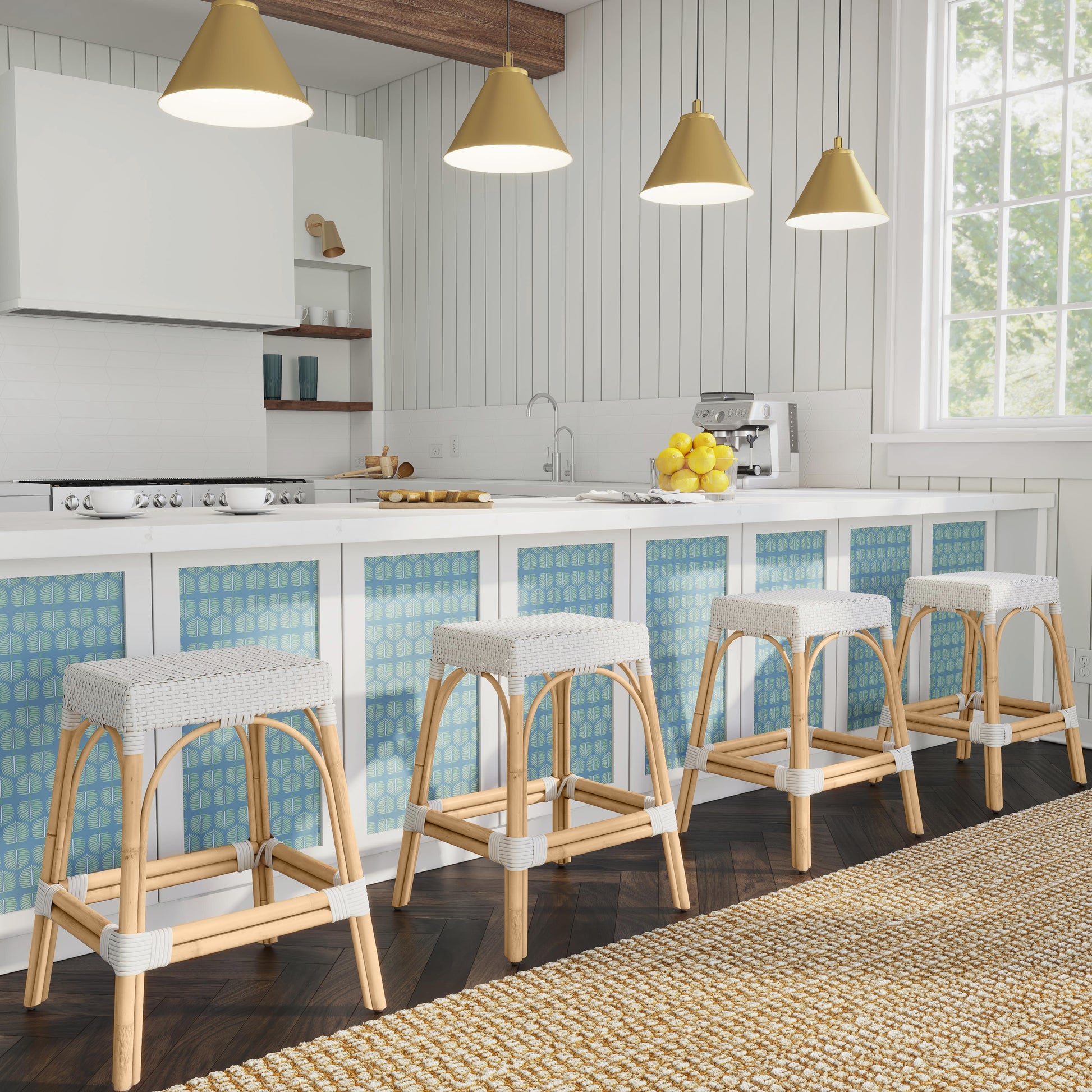 Butler Specialty Company Robias 24.5 in. Seat Height Rectangular Rattan Backless Counter Stool with Footrest, Glossy White