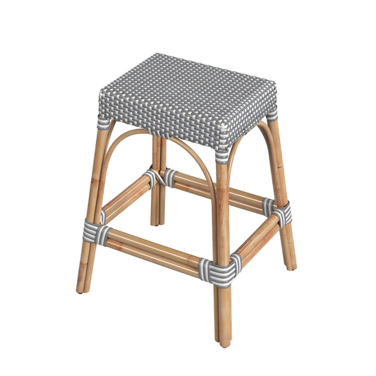 Butler Specialty Company Robias 24.5 in. Seat Height Rectangular Rattan Backless Counter Stool with Footrest, White and Gray Dot