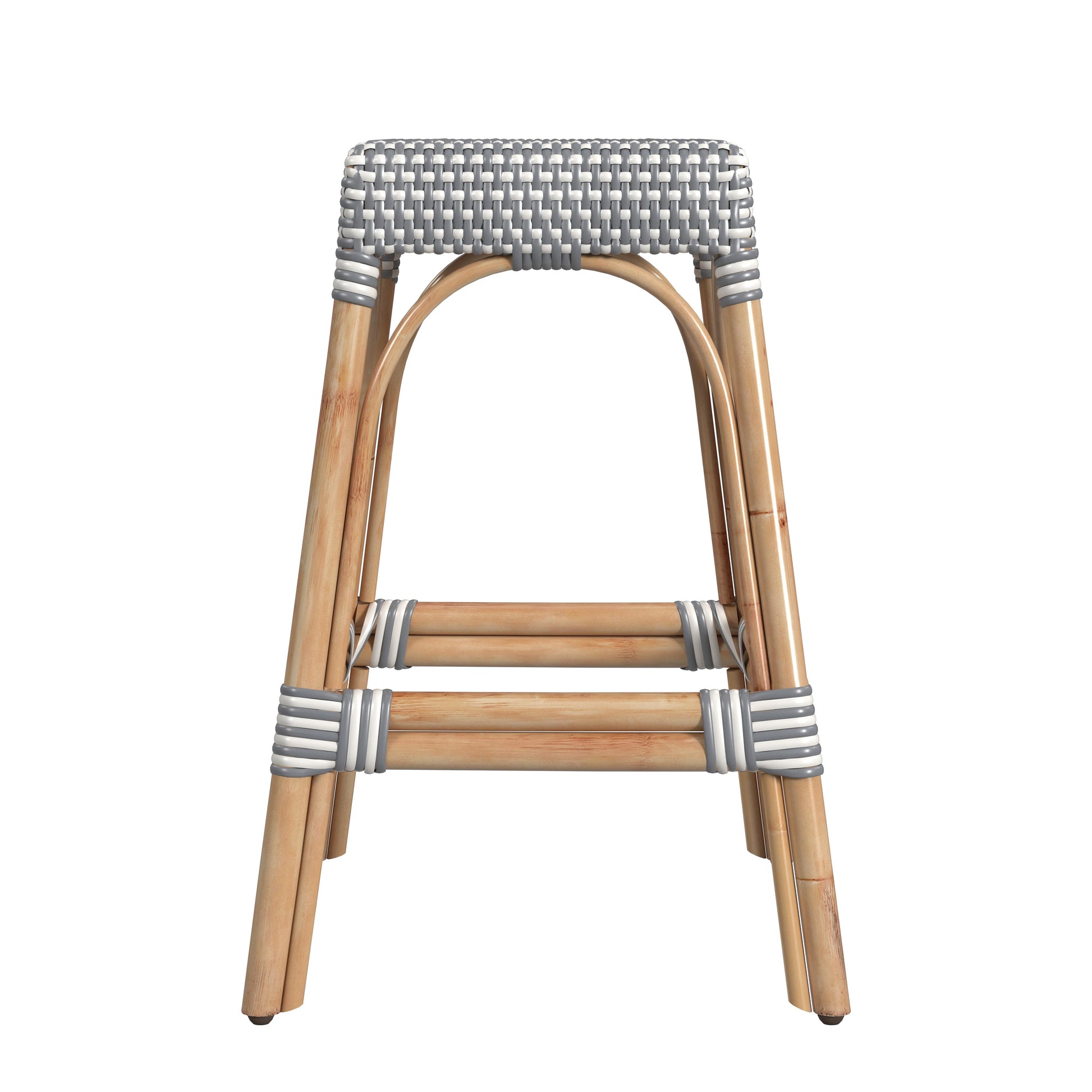 Butler Specialty Company Robias 24.5 in. Seat Height Rectangular Rattan Backless Counter Stool with Footrest, White and Gray Dot