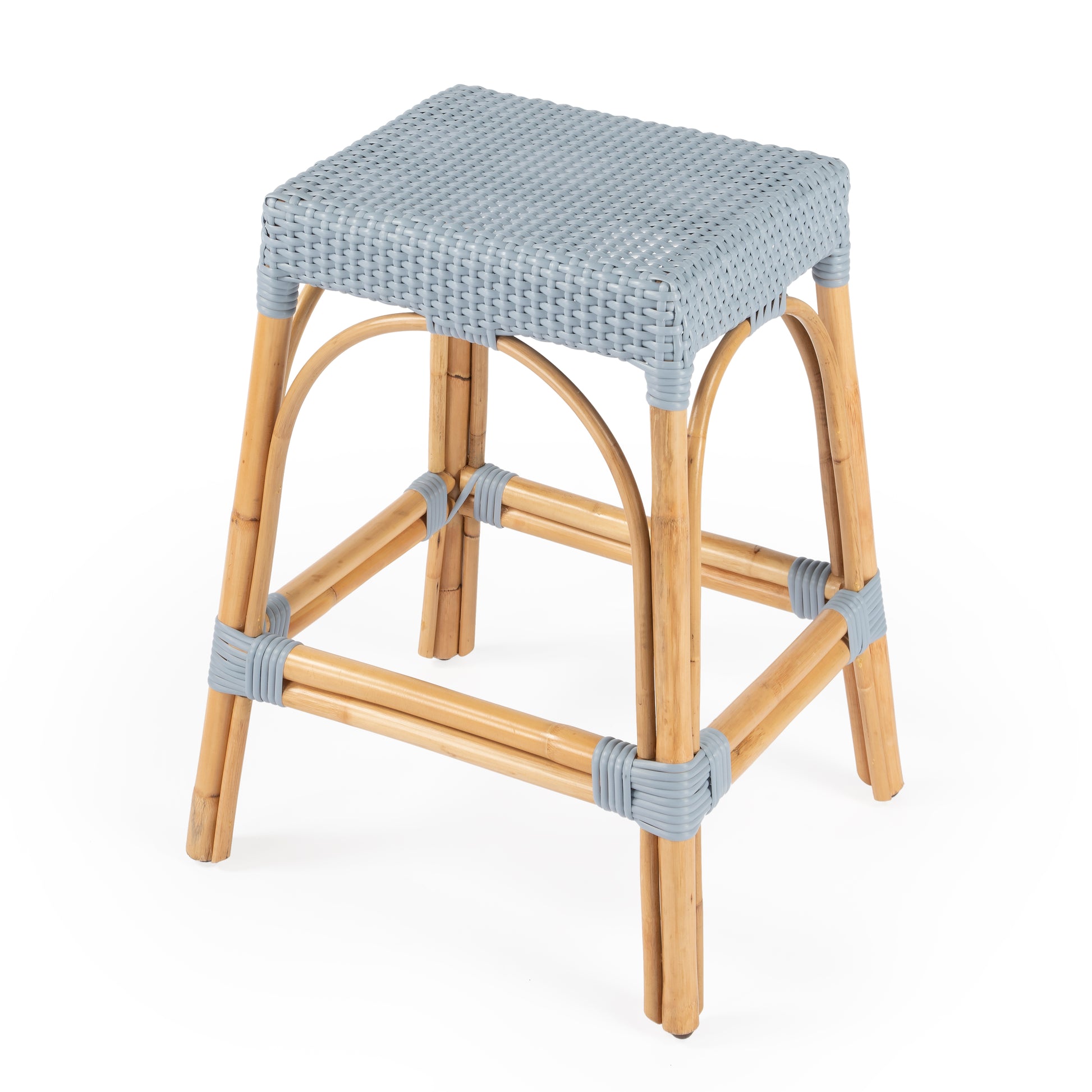 Butler Specialty Company Robias 24.5 in. Seat Height Rectangular Rattan Backless Counter Stool with Footrest, Baby Blue