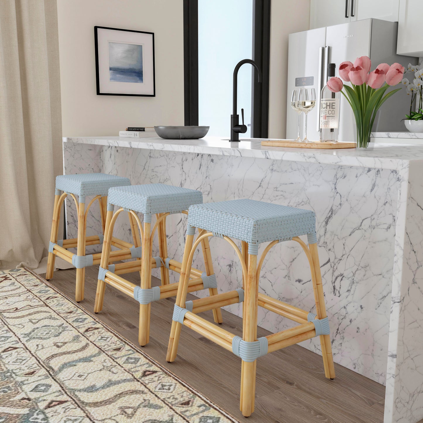 Butler Specialty Company Robias 24.5 in. Seat Height Rectangular Rattan Backless Counter Stool with Footrest, Baby Blue